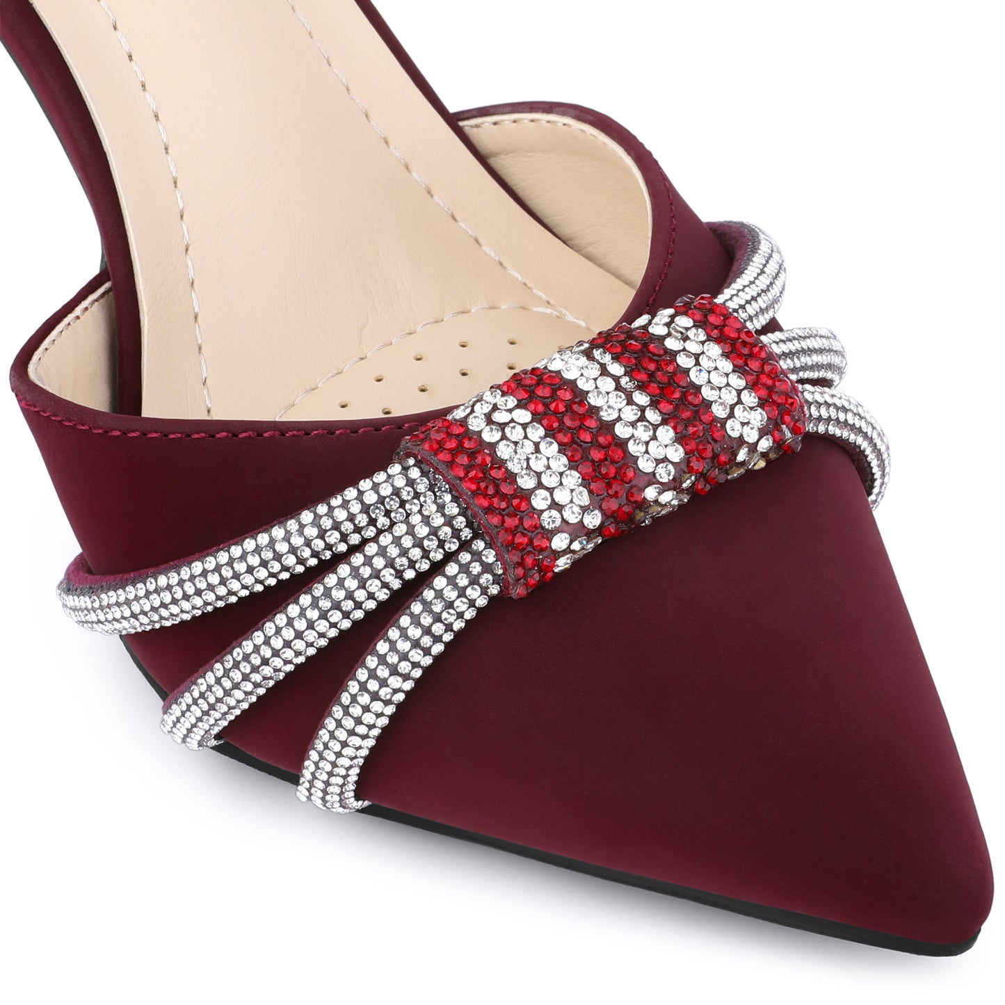 Zapatos de tacón alto de aguja con tiras en el tobillo y punta puntiaguda para mujer con diamantes de imitación