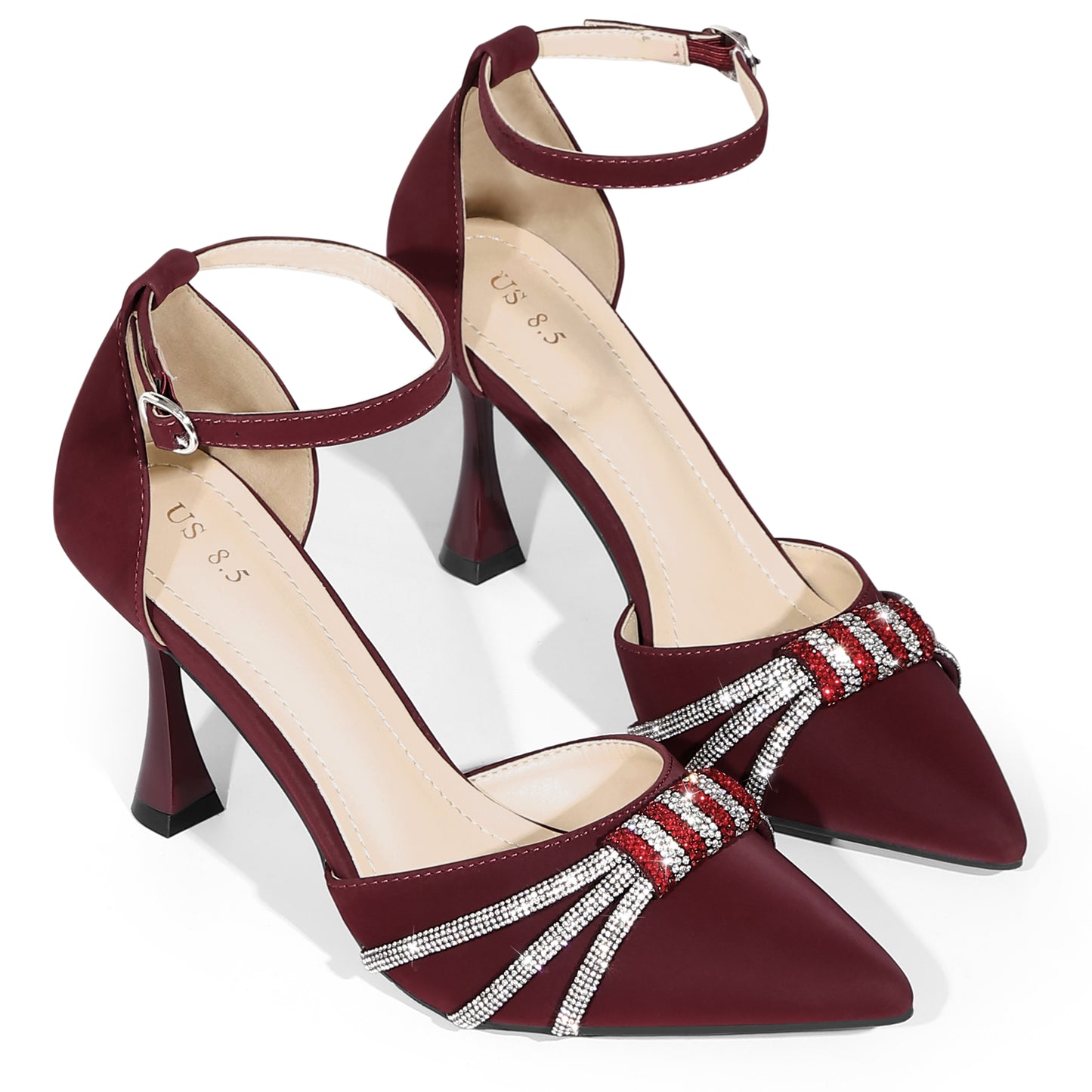 Zapatos de tacón alto de aguja con tiras en el tobillo y punta puntiaguda para mujer con diamantes de imitación