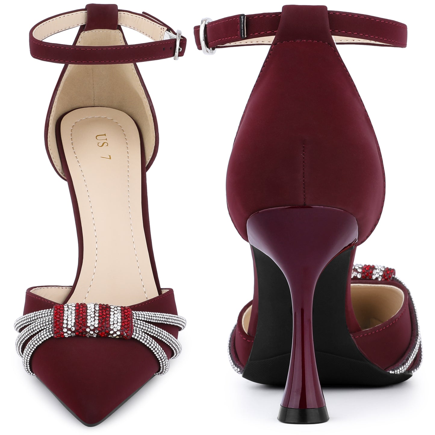 Zapatos de tacón alto de aguja con tiras en el tobillo y punta puntiaguda para mujer con diamantes de imitación