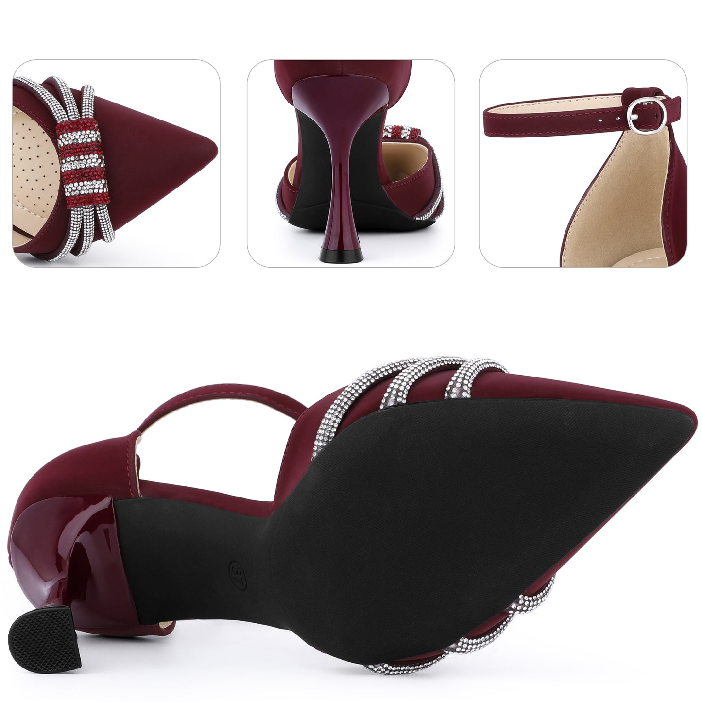 Zapatos de tacón alto de aguja con tiras en el tobillo y punta puntiaguda para mujer con diamantes de imitación