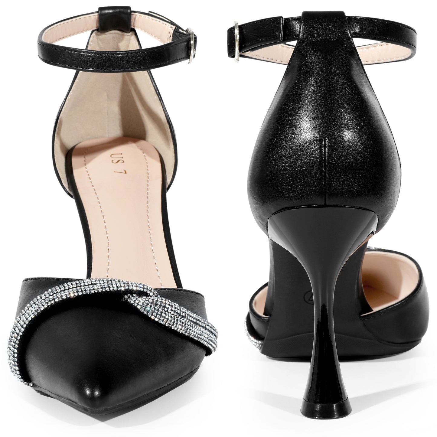 Zapatos de boda para mujer con punta puntiaguda, lazo de diamantes de imitación, tiras en el tobillo, tacones de aguja