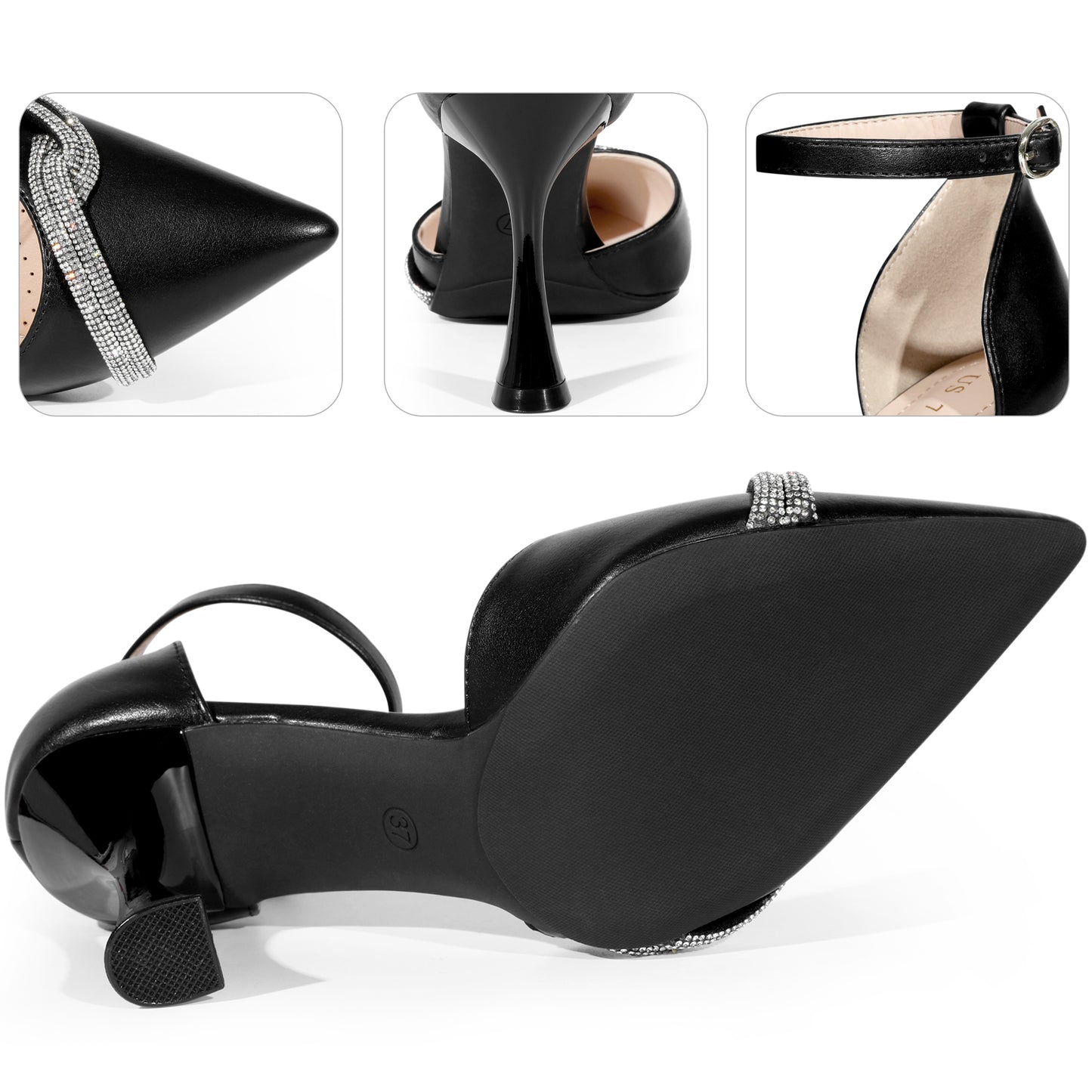 Zapatos de boda para mujer con punta puntiaguda, lazo de diamantes de imitación, tiras en el tobillo, tacones de aguja