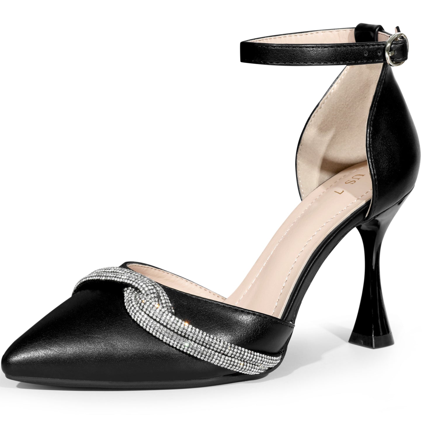 Zapatos de boda para mujer con punta puntiaguda, lazo de diamantes de imitación, tiras en el tobillo, tacones de aguja