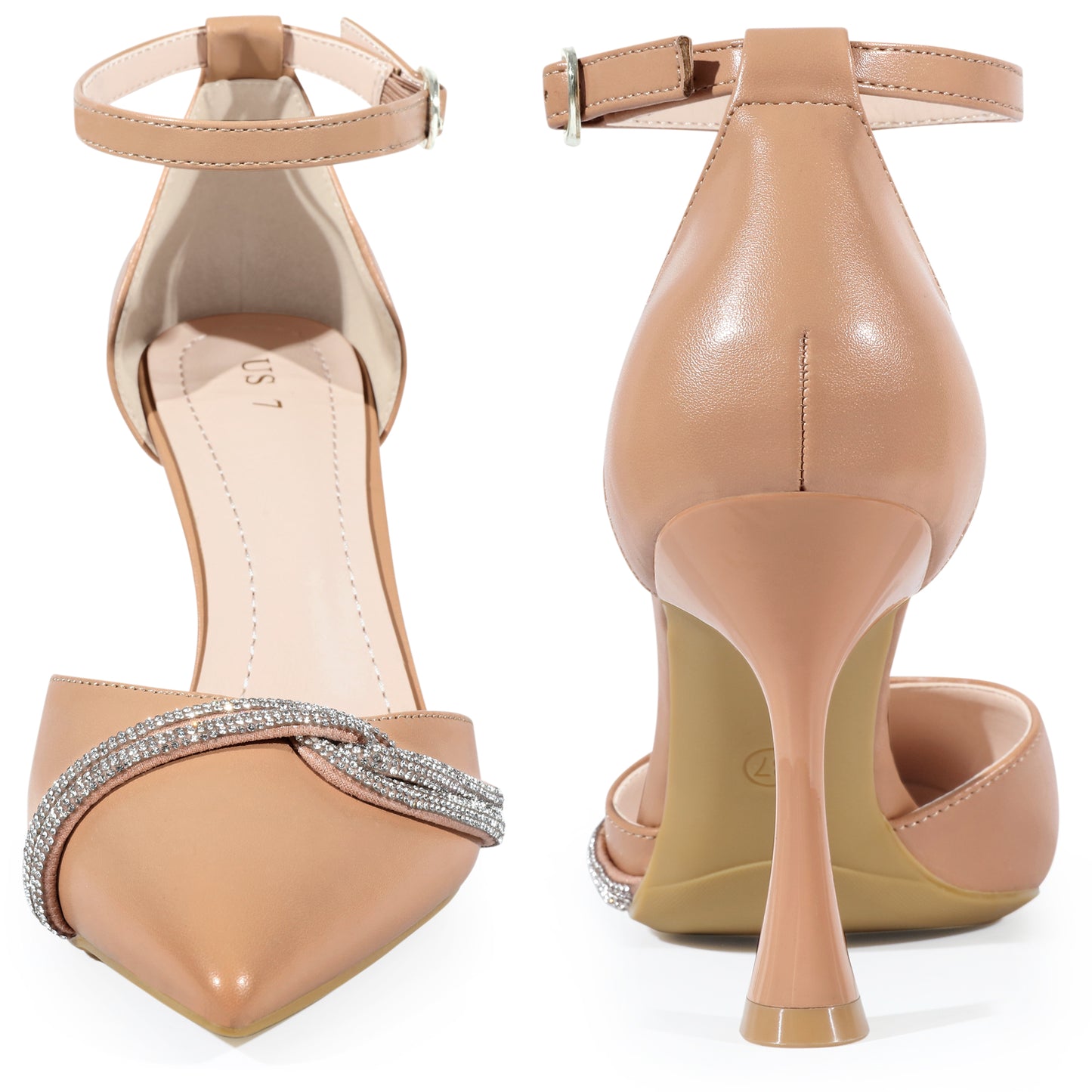 Zapatos de boda para mujer con punta puntiaguda, lazo de diamantes de imitación, tiras en el tobillo, tacones de aguja