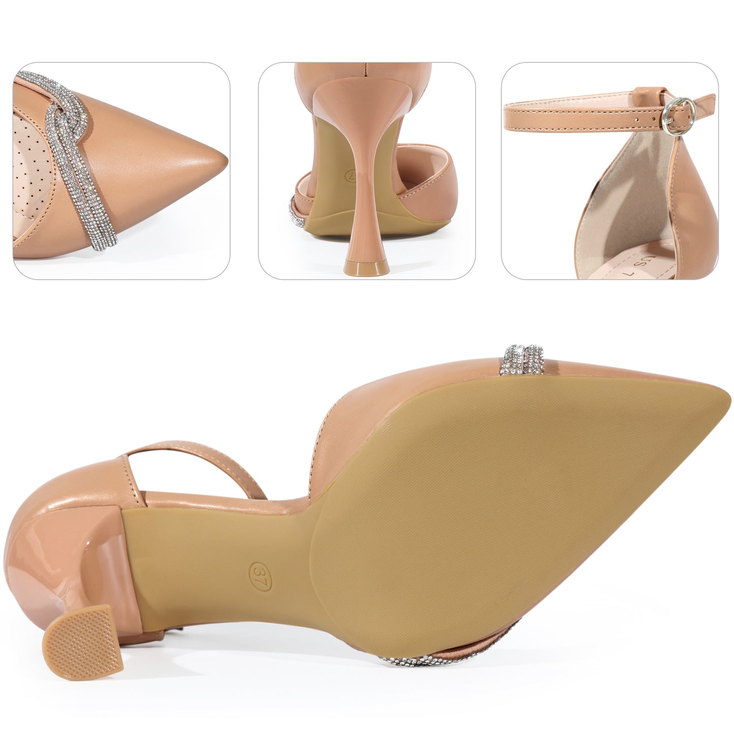 Zapatos de boda para mujer con punta puntiaguda, lazo de diamantes de imitación, tiras en el tobillo, tacones de aguja