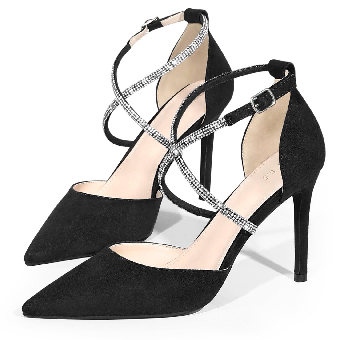 Women Pointed Toe Crisscross Rhinestone Ankle Strap Stiletto Heel Pumps