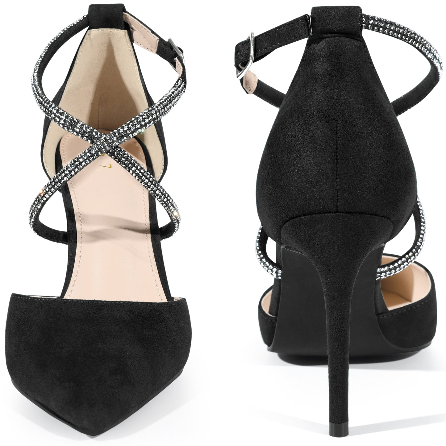 Women Pointed Toe Crisscross Rhinestone Ankle Strap Stiletto Heel Pumps