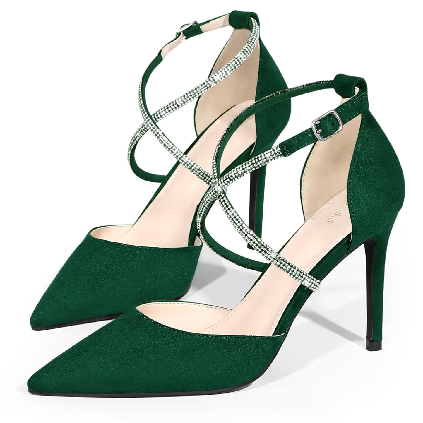 Zapatos de tacón de aguja con tira en el tobillo y punta puntiaguda para mujer con diamantes de imitación entrecruzados