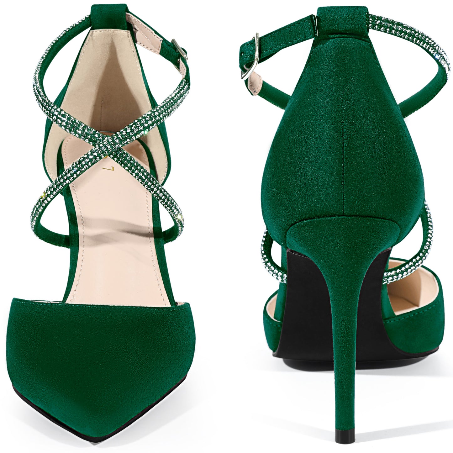Zapatos de tacón de aguja con tira en el tobillo y punta puntiaguda para mujer con diamantes de imitación entrecruzados