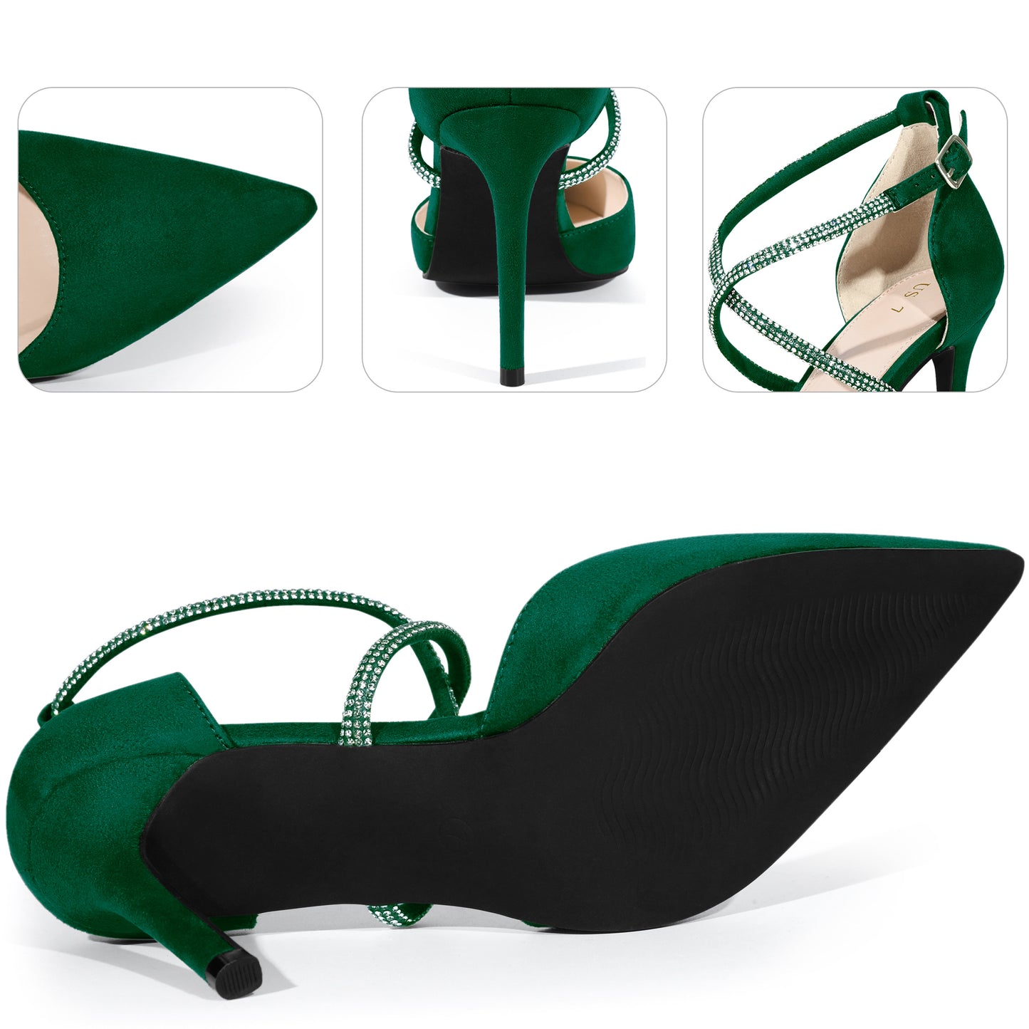 Zapatos de tacón de aguja con tira en el tobillo y punta puntiaguda para mujer con diamantes de imitación entrecruzados