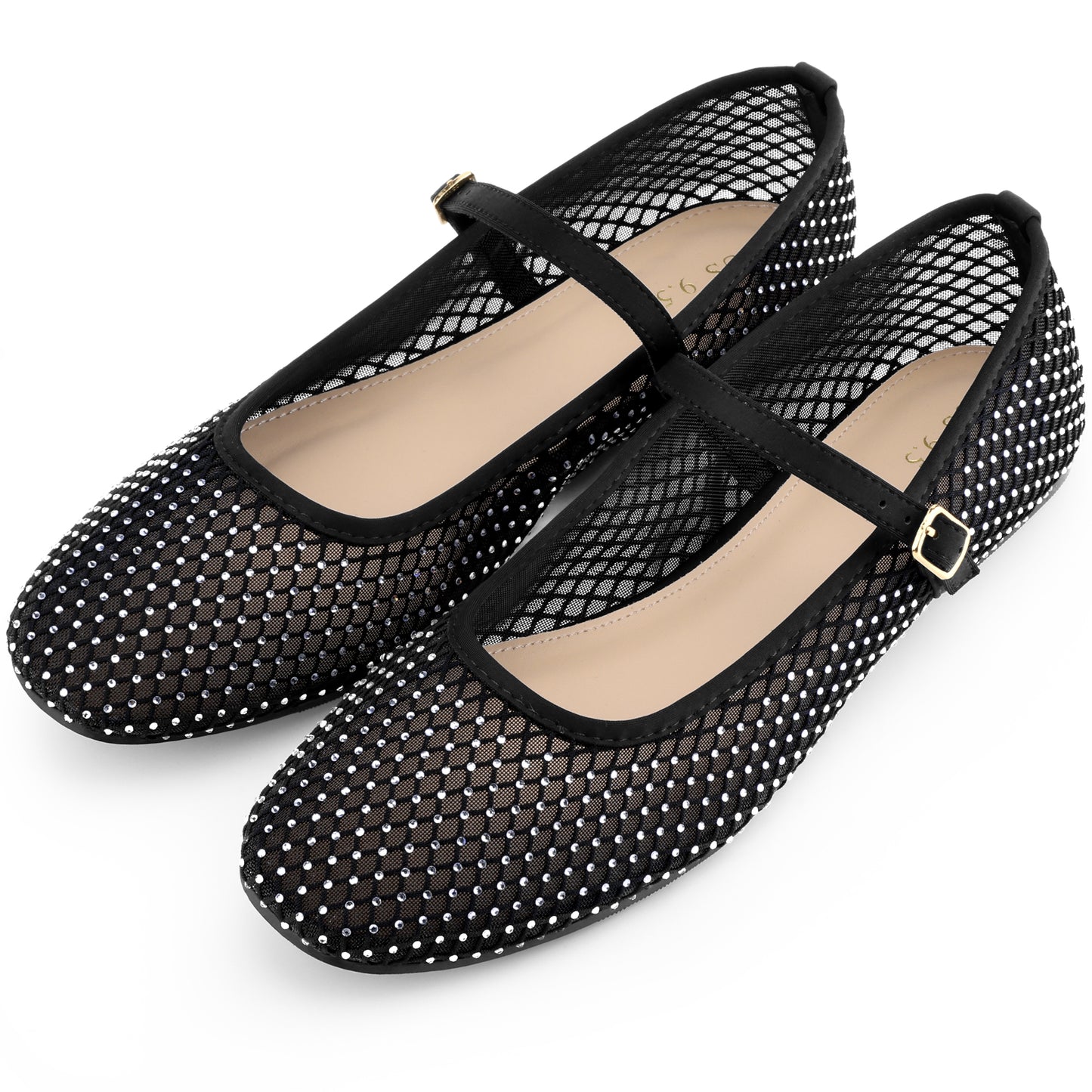 Bailarinas de malla con diamantes de imitación para mujer, con hebilla y correa, sin cordones, estilo Mary Jane