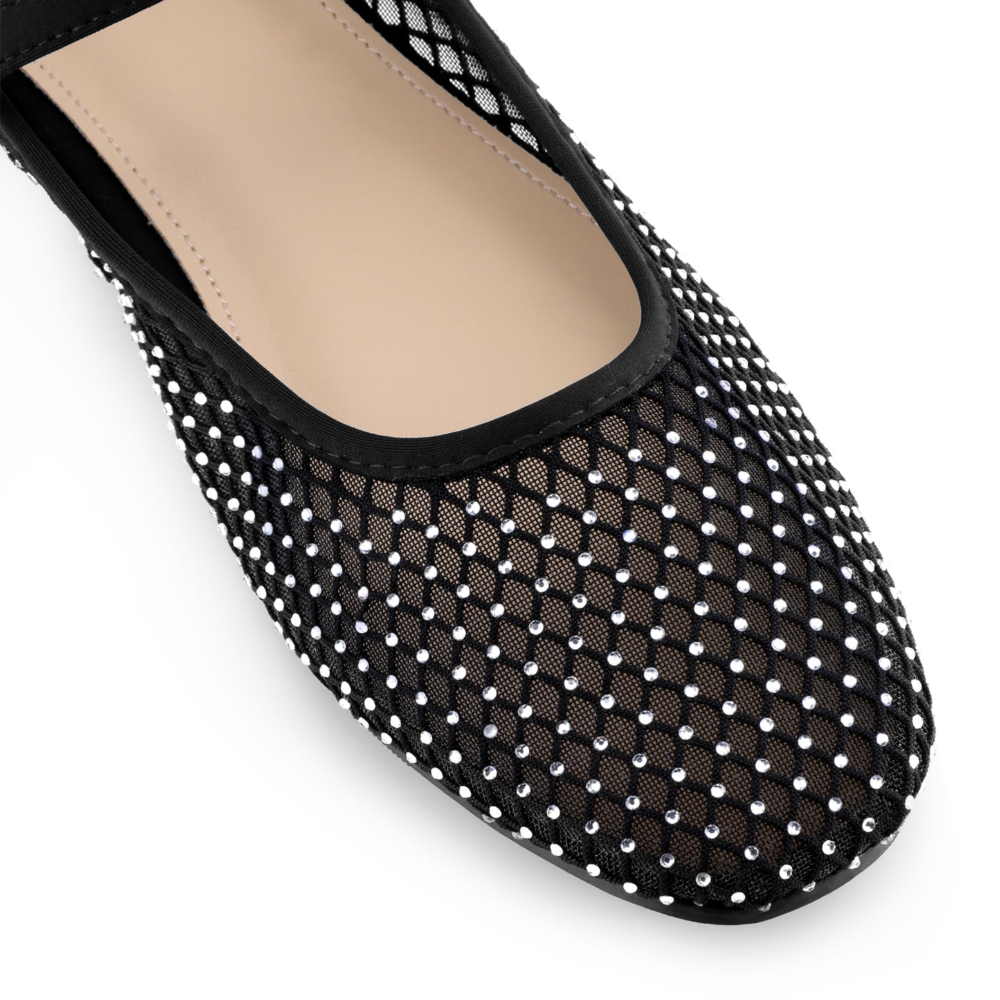 Bailarinas de malla con diamantes de imitación para mujer, con hebilla y correa, sin cordones, estilo Mary Jane