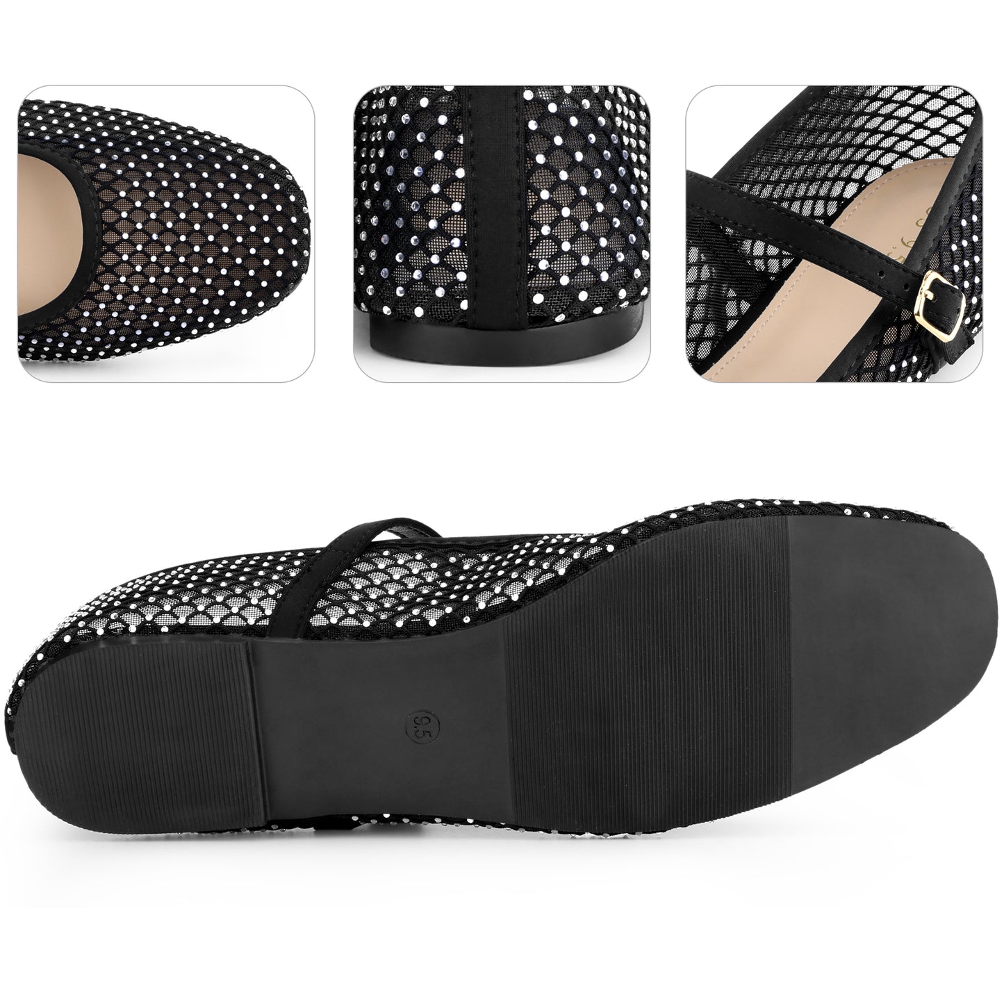 Bailarinas de malla con diamantes de imitación para mujer, con hebilla y correa, sin cordones, estilo Mary Jane