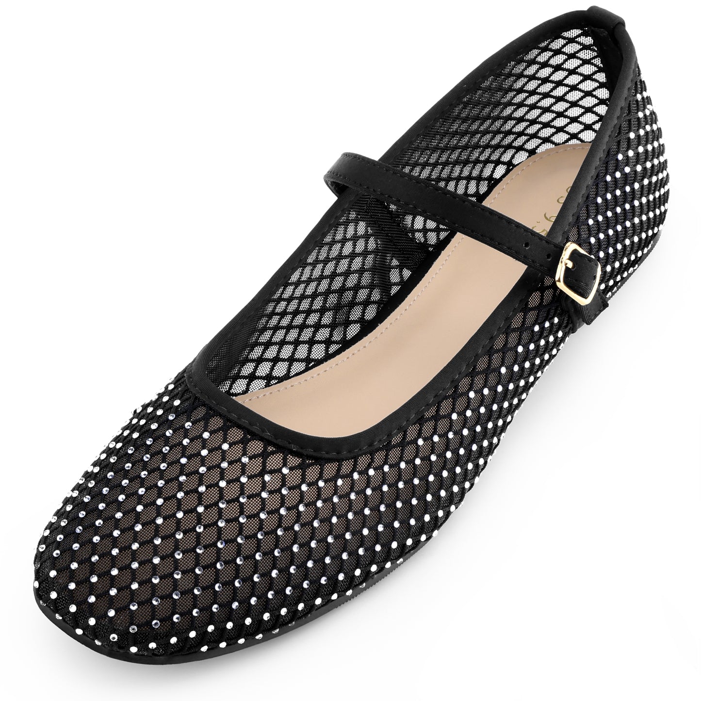 Bailarinas de malla con diamantes de imitación para mujer, con hebilla y correa, sin cordones, estilo Mary Jane