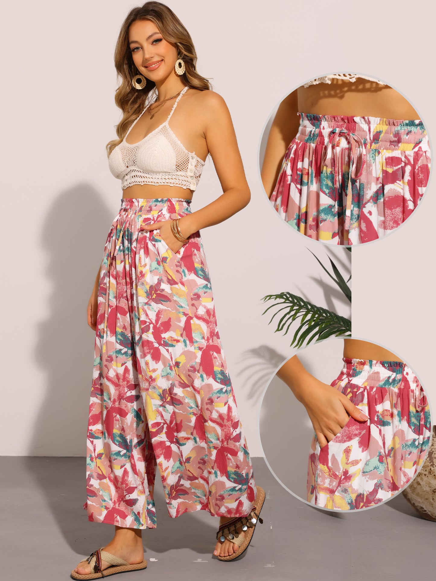 Women's Tropical Pants Boho Elastic Waisted Flare Palazzo Wide Leg Pants