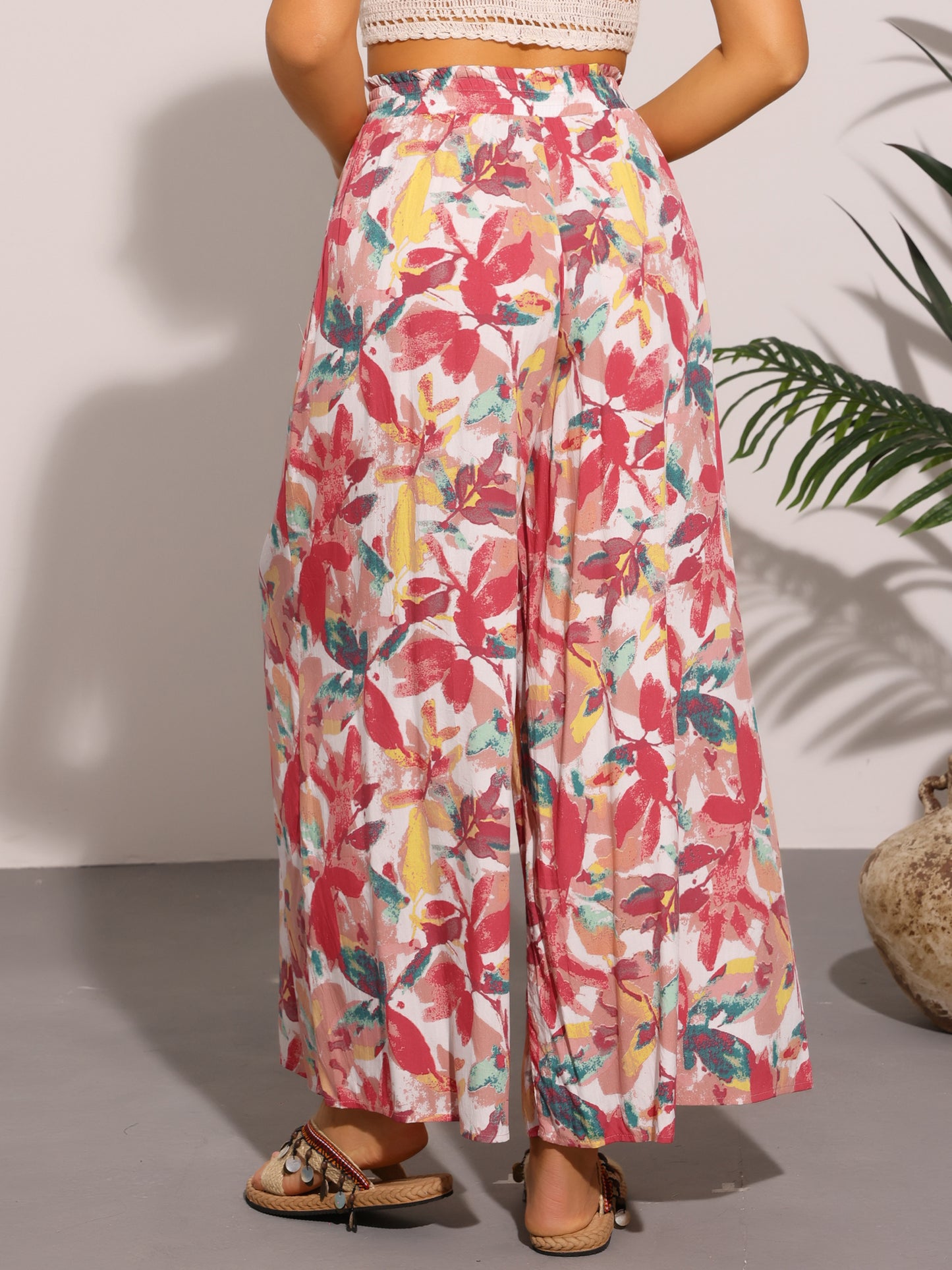 Women's Tropical Pants Boho Elastic Waisted Flare Palazzo Wide Leg Pants