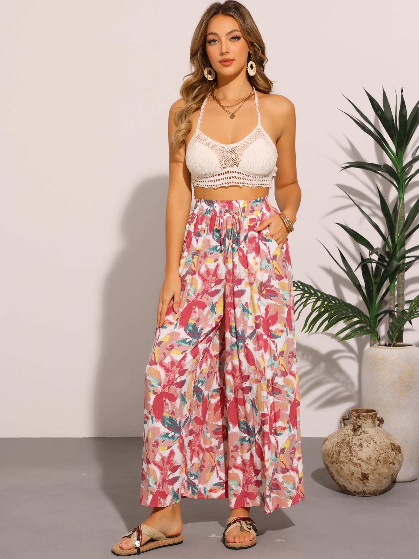 Women's Tropical Pants Boho Elastic Waisted Flare Palazzo Wide Leg Pants