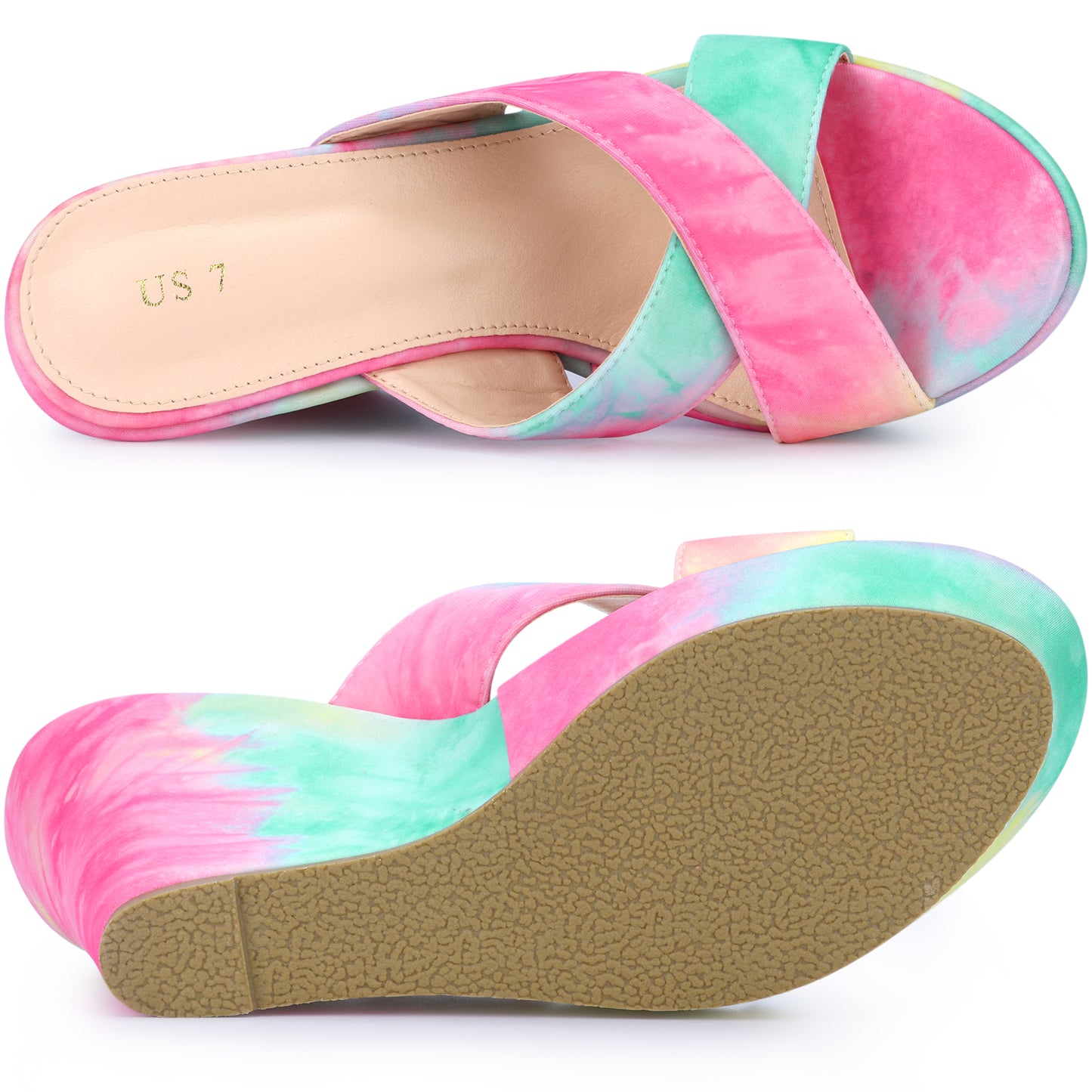 Women's Tie Dye Crisscross Strap Wedges Slip On Wedge Heel Platform Sandals