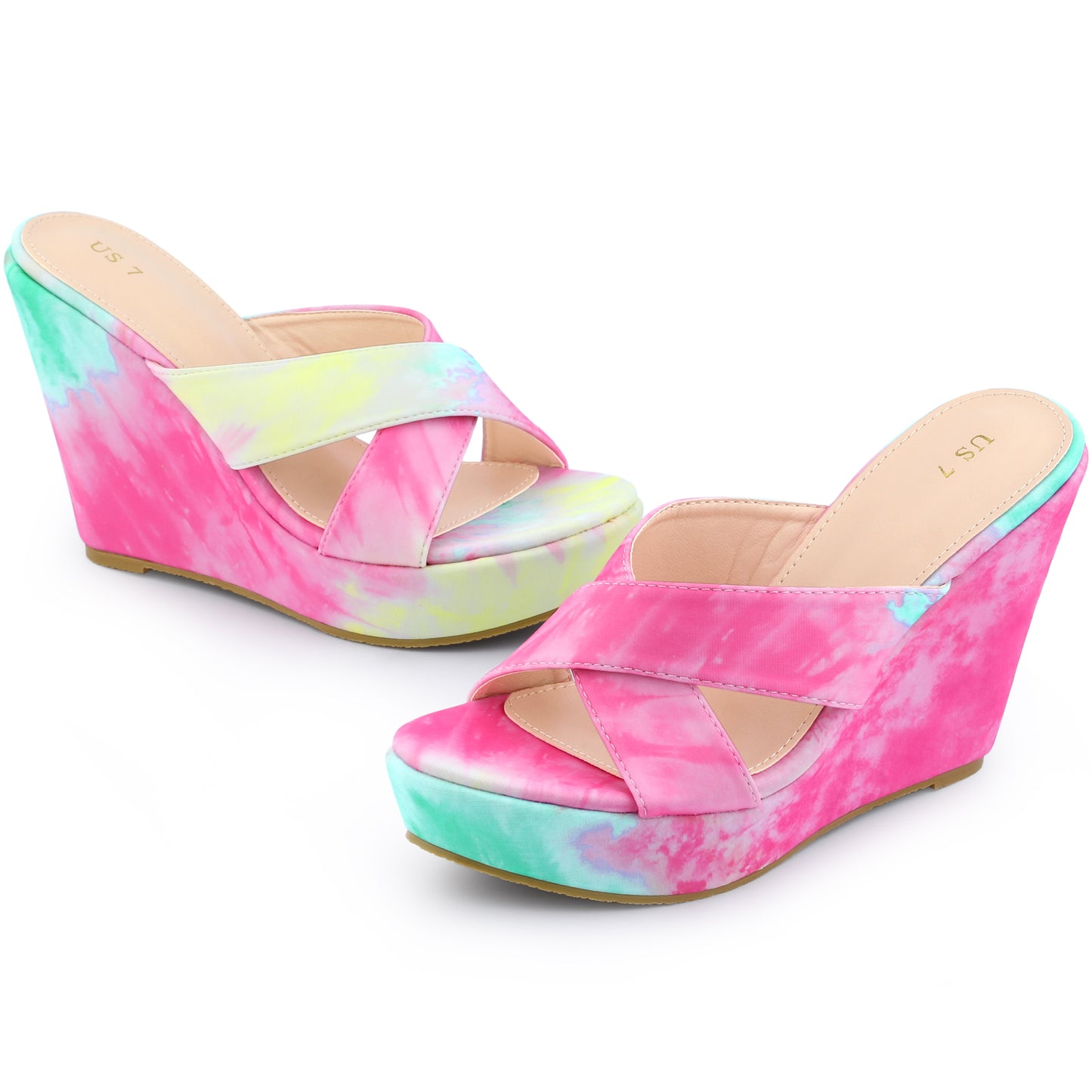 Women's Tie Dye Crisscross Strap Wedges Slip On Wedge Heel Platform Sandals