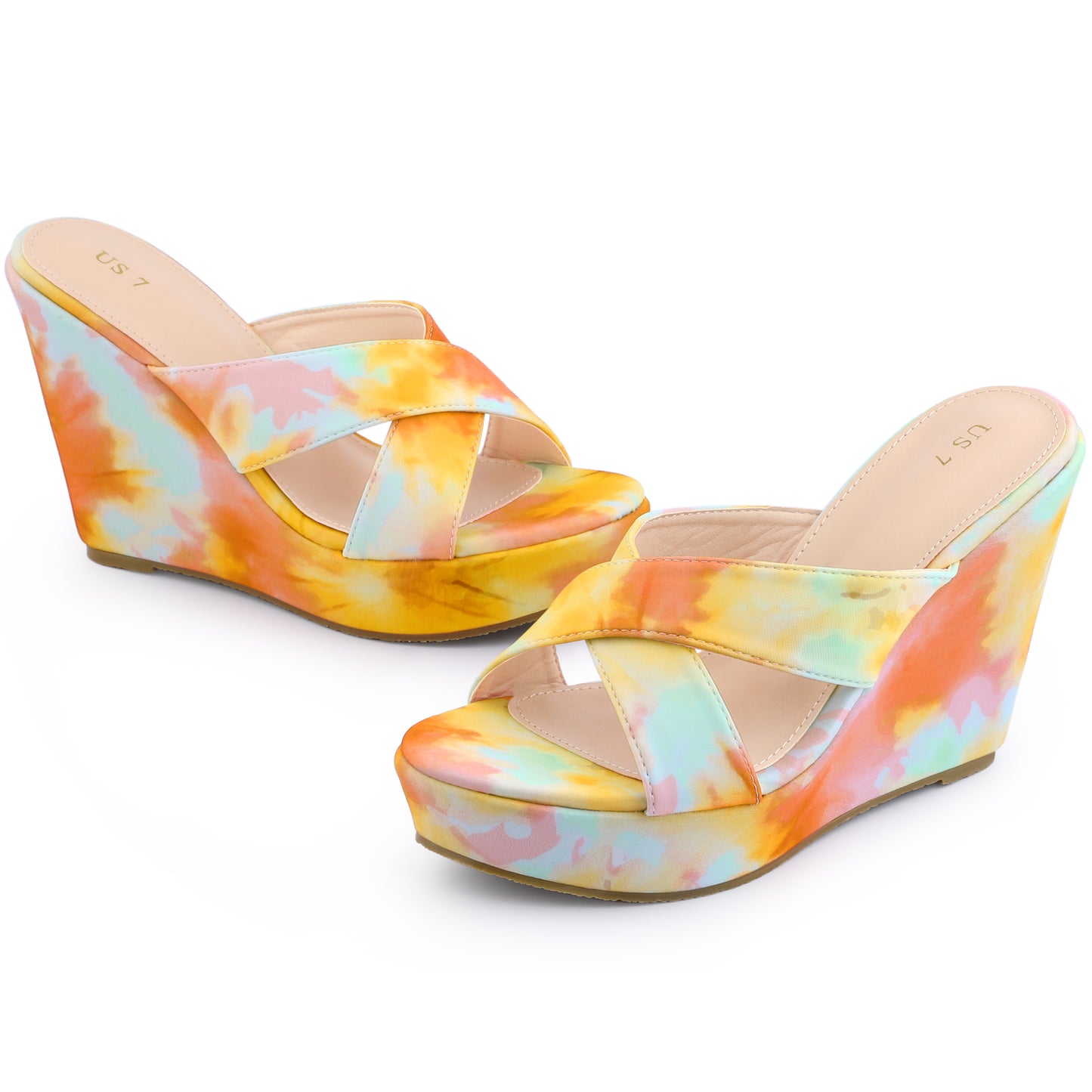 Women's Tie Dye Crisscross Strap Wedges Slip On Wedge Heel Platform Sandals