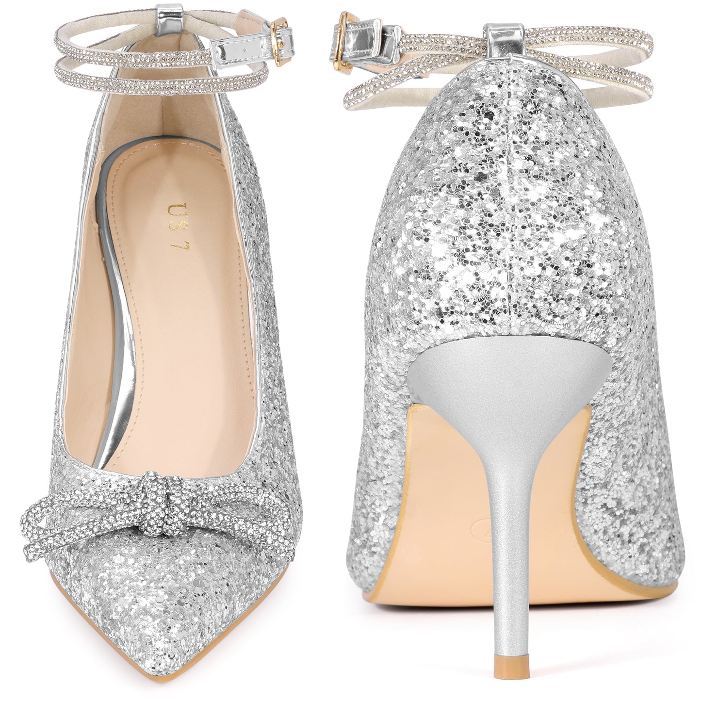 Zapatos de tacón de aguja con punta puntiaguda y lazo de diamantes de imitación para mujer
