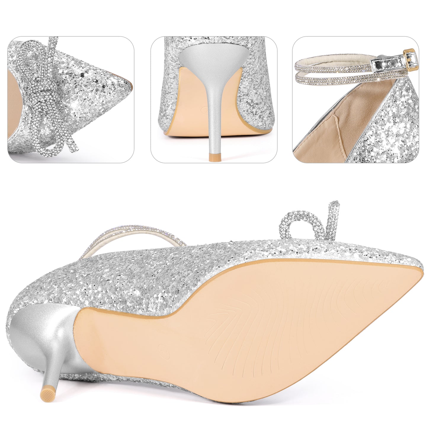 Zapatos de tacón de aguja con punta puntiaguda y lazo de diamantes de imitación para mujer