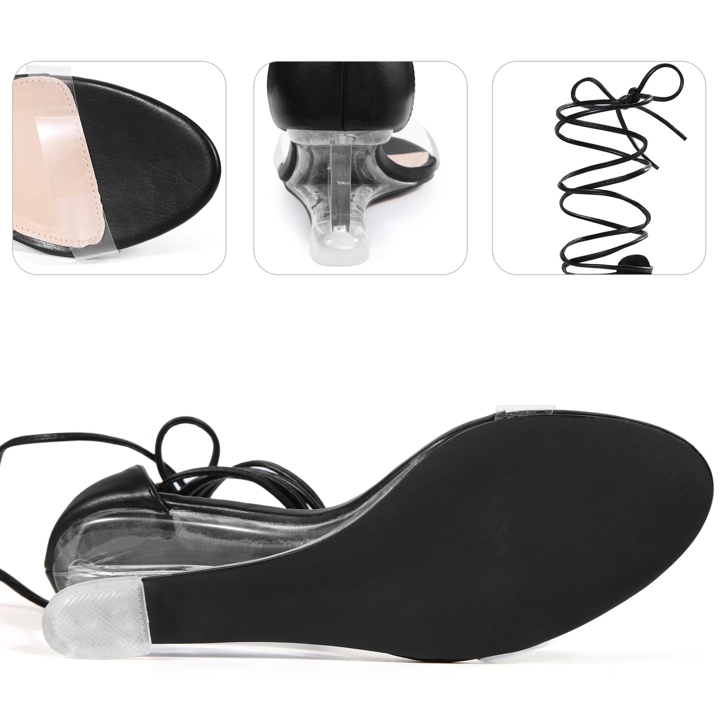 Women Clear Strap Lace Up Open Toe Clear Wedges Heel Sandals