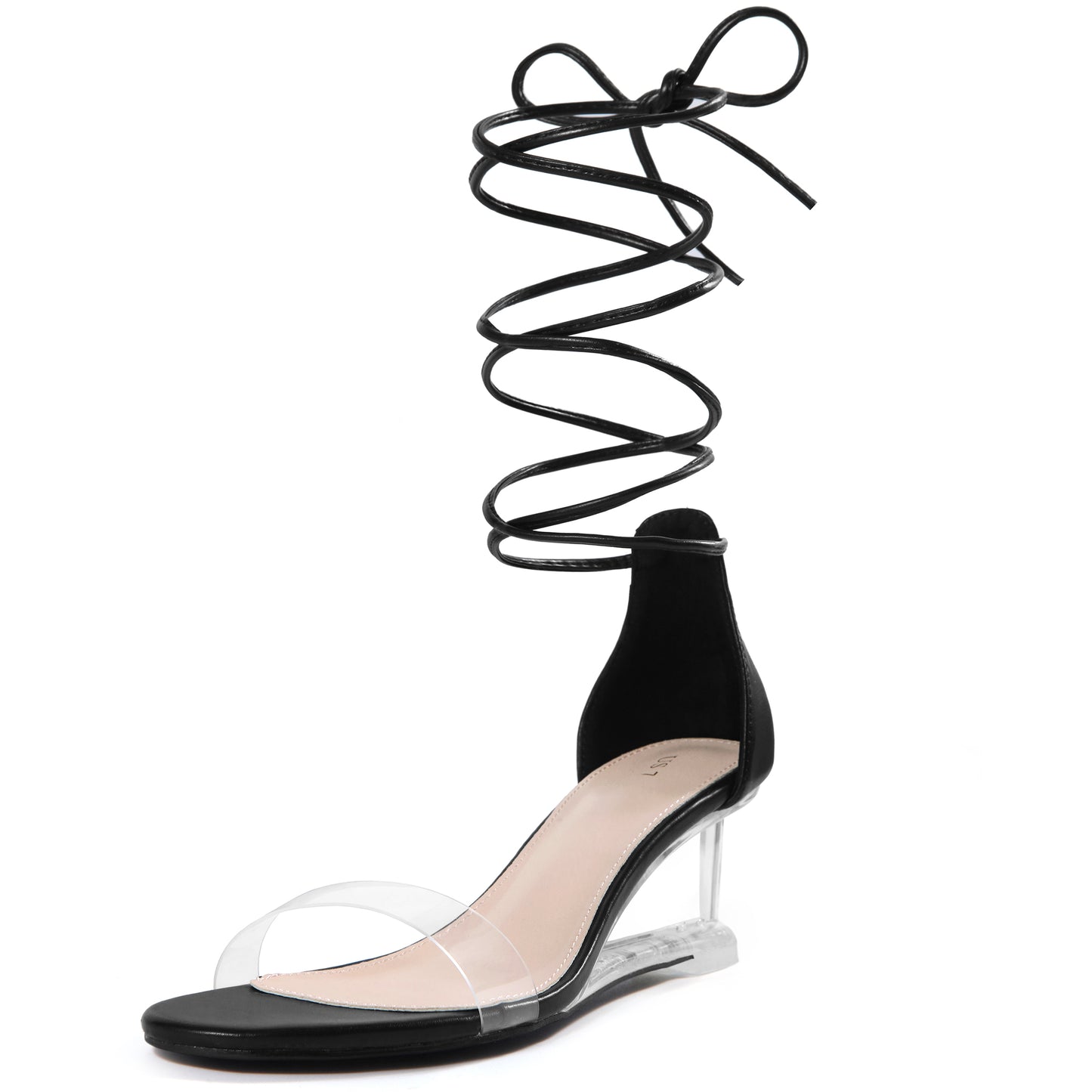 Women Clear Strap Lace Up Open Toe Clear Wedges Heel Sandals