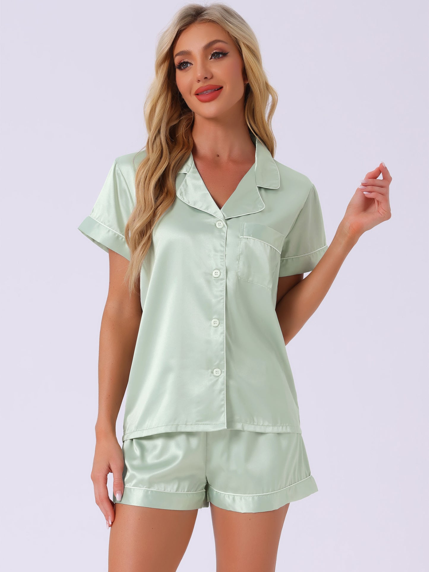 Women's Satin Pajamas Sleepshirt Button Down Top with Shorts Silky Lounge Set
