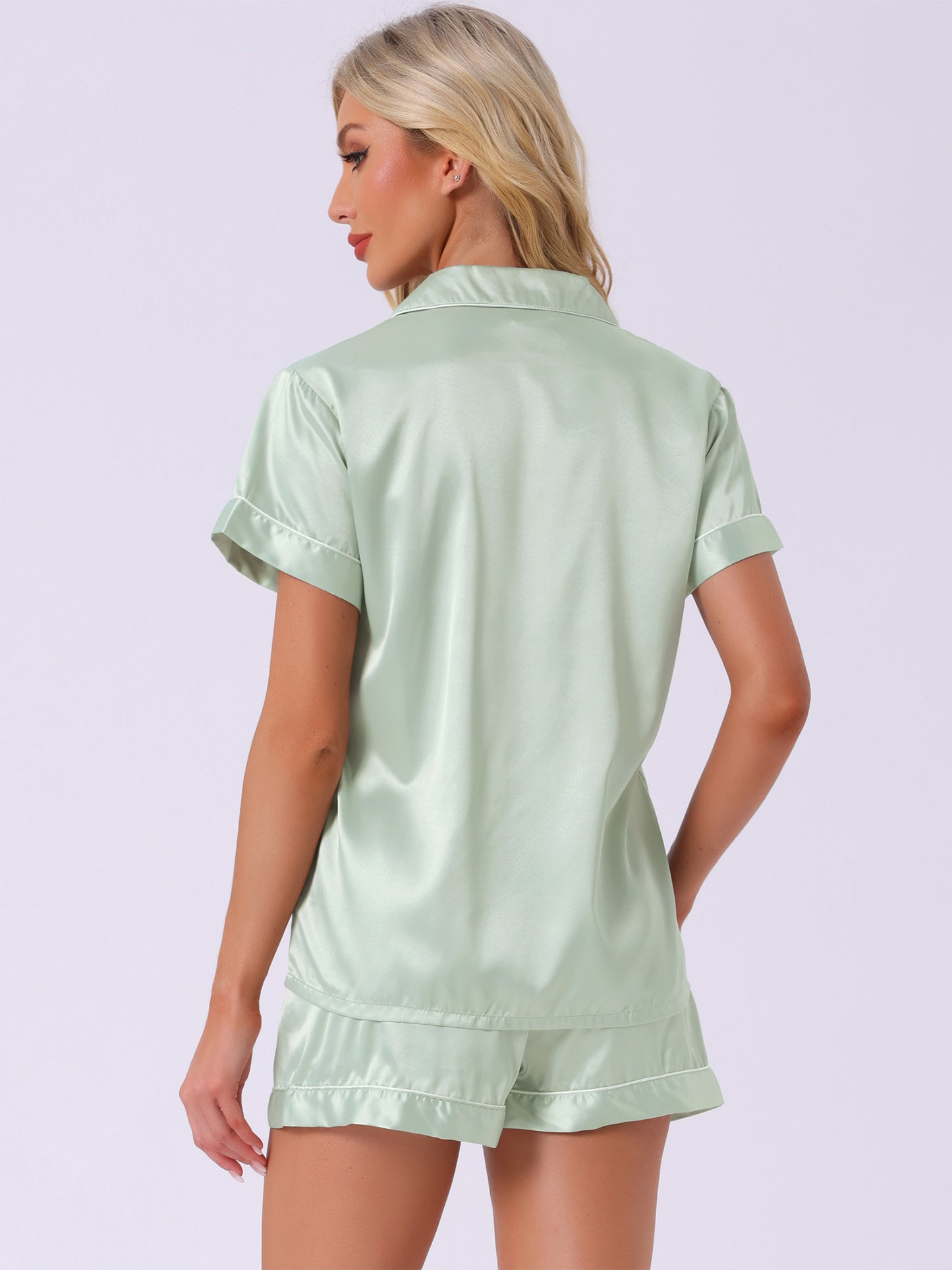 Women's Satin Pajamas Sleepshirt Button Down Top with Shorts Silky Lounge Set