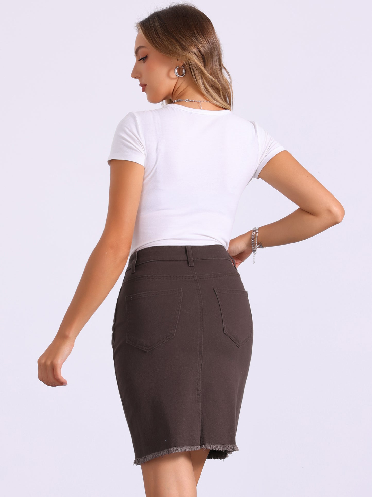 Falda vaquera básica desgastada con cintura alta y dobladillo rasgado para mujer