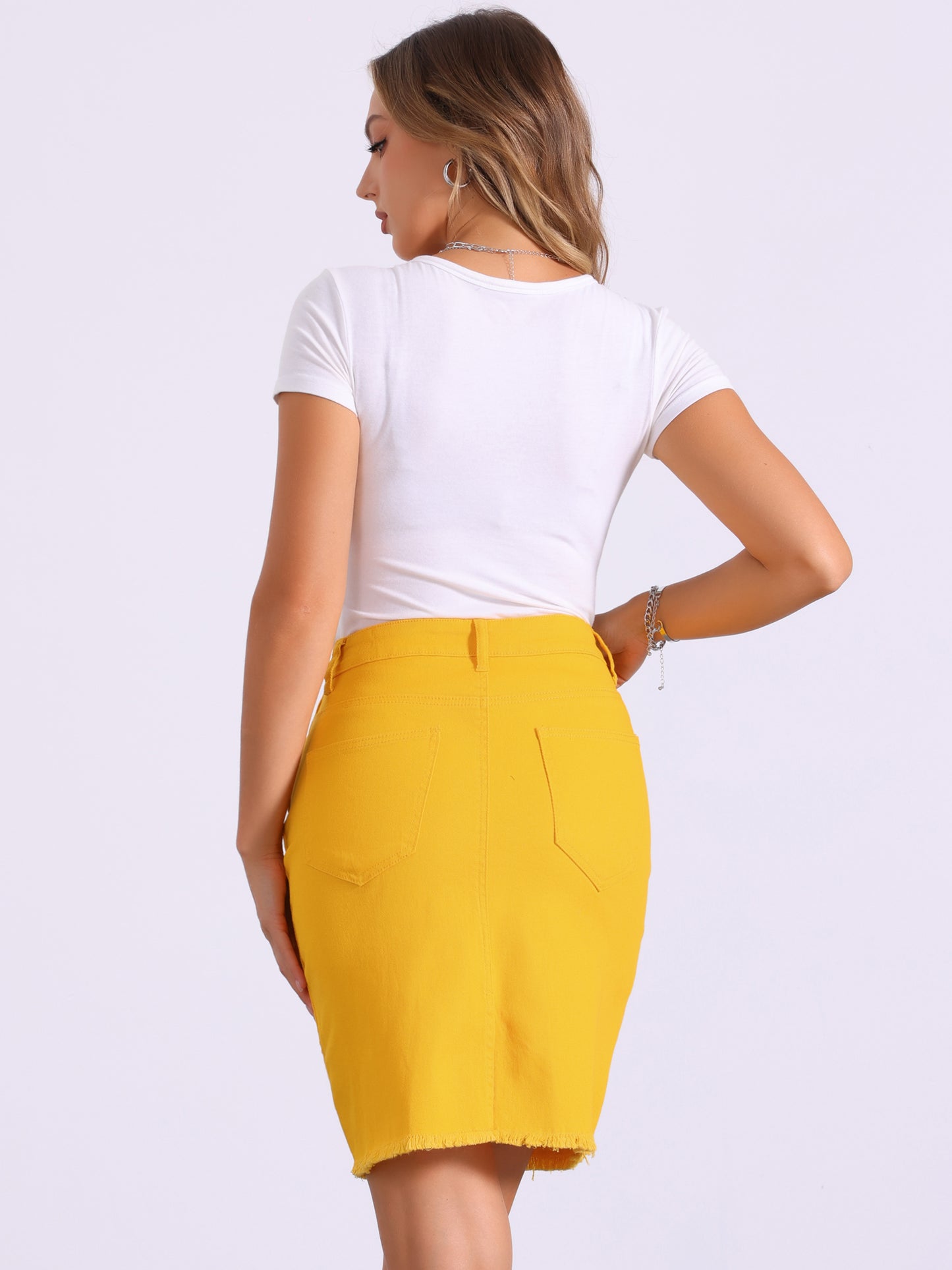 Falda vaquera básica desgastada con cintura alta y dobladillo rasgado para mujer