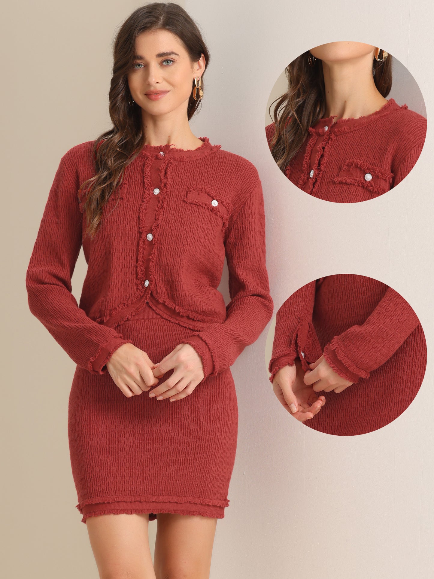 Women's 2 Piece Sweater Set Business Casual Knitted Long Sleeve Short Jacket Skirt