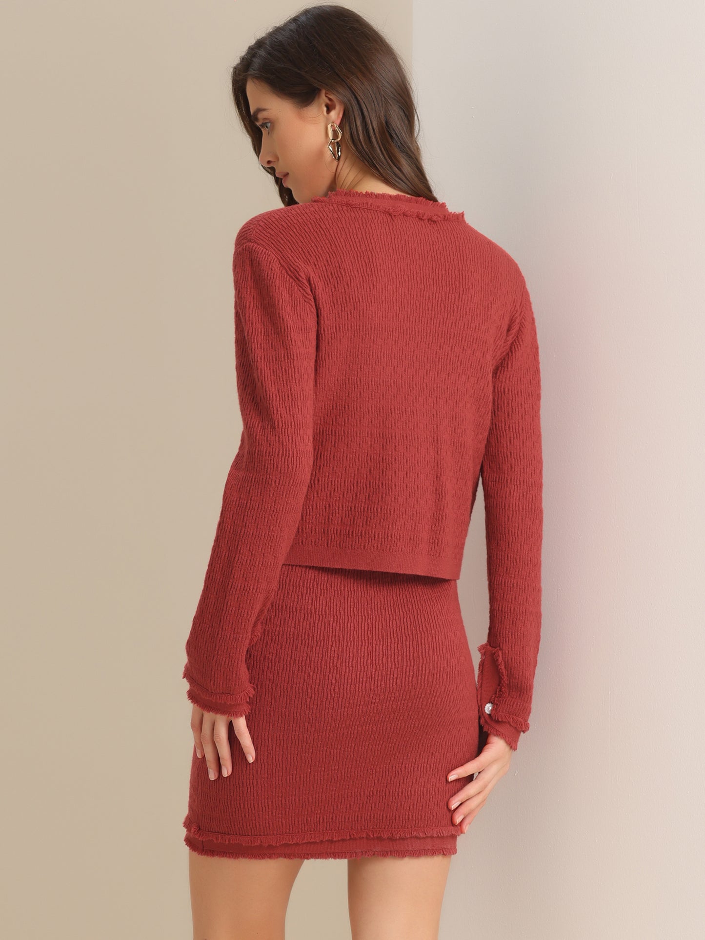 Women's 2 Piece Sweater Set Business Casual Knitted Long Sleeve Short Jacket Skirt