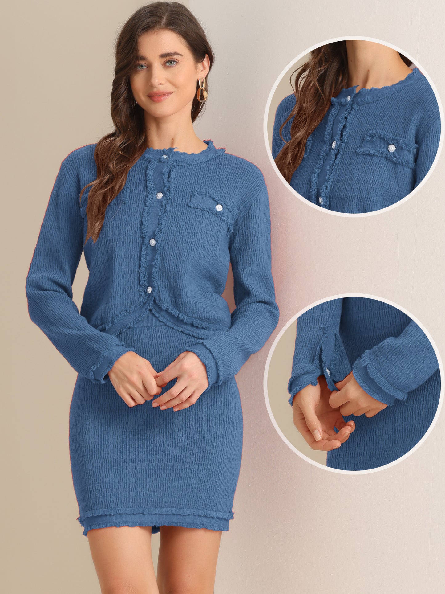 Women's 2 Piece Sweater Set Business Casual Knitted Long Sleeve Short Jacket Skirt