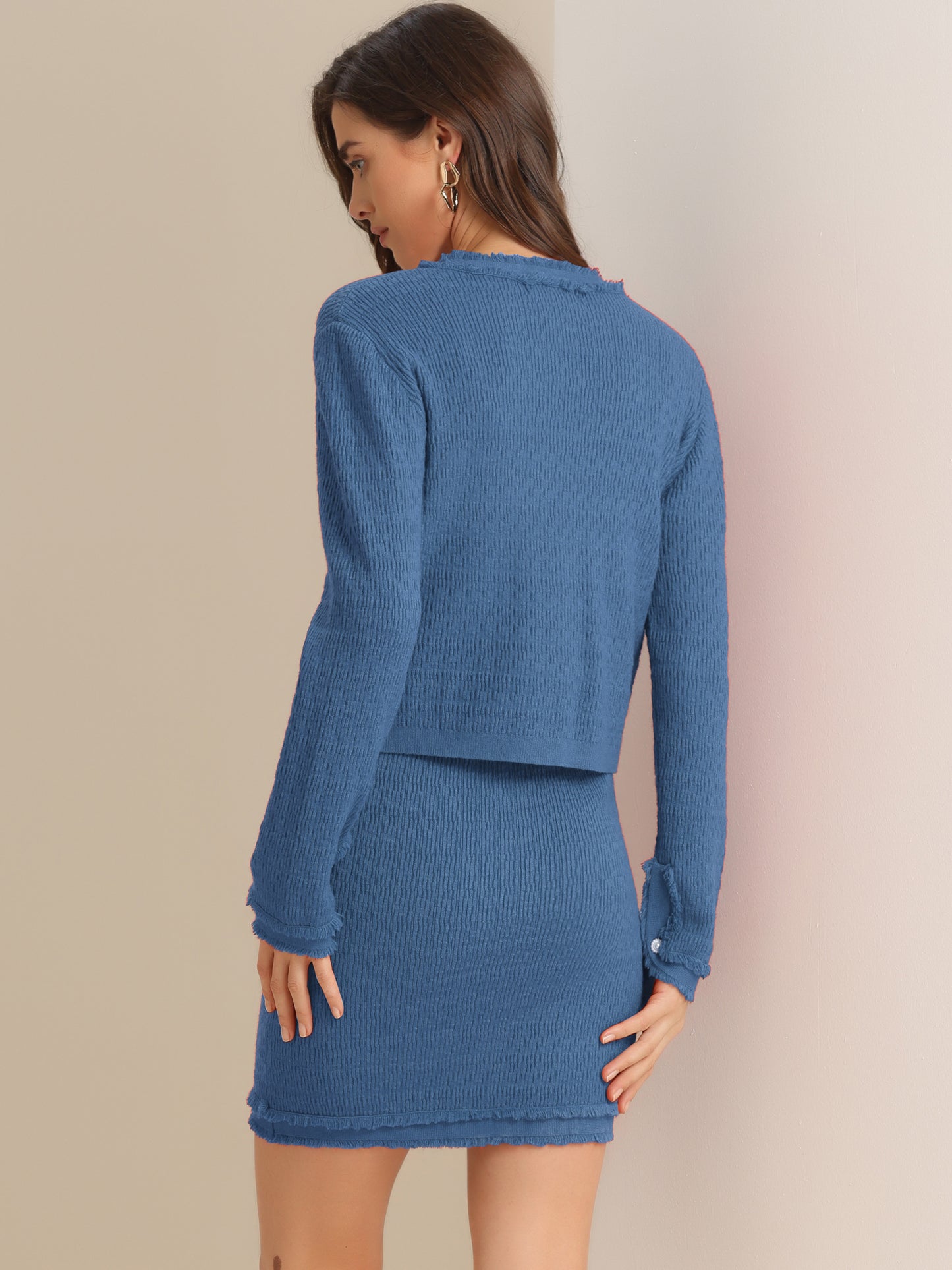 Women's 2 Piece Sweater Set Business Casual Knitted Long Sleeve Short Jacket Skirt