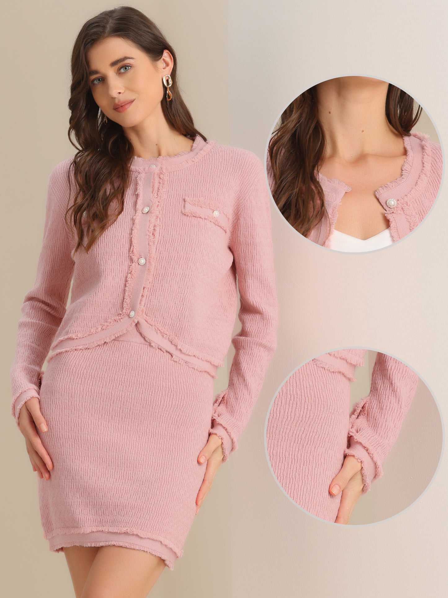 Women's 2 Piece Sweater Set Business Casual Knitted Long Sleeve Short Jacket Skirt