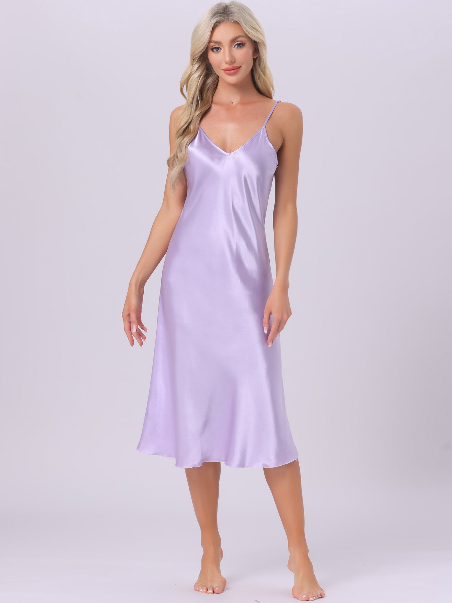 Women's Satin Pajama Dress Camisole Midi Nightdress V-Neck Sleeveless Lounge Silky Long Nightgown