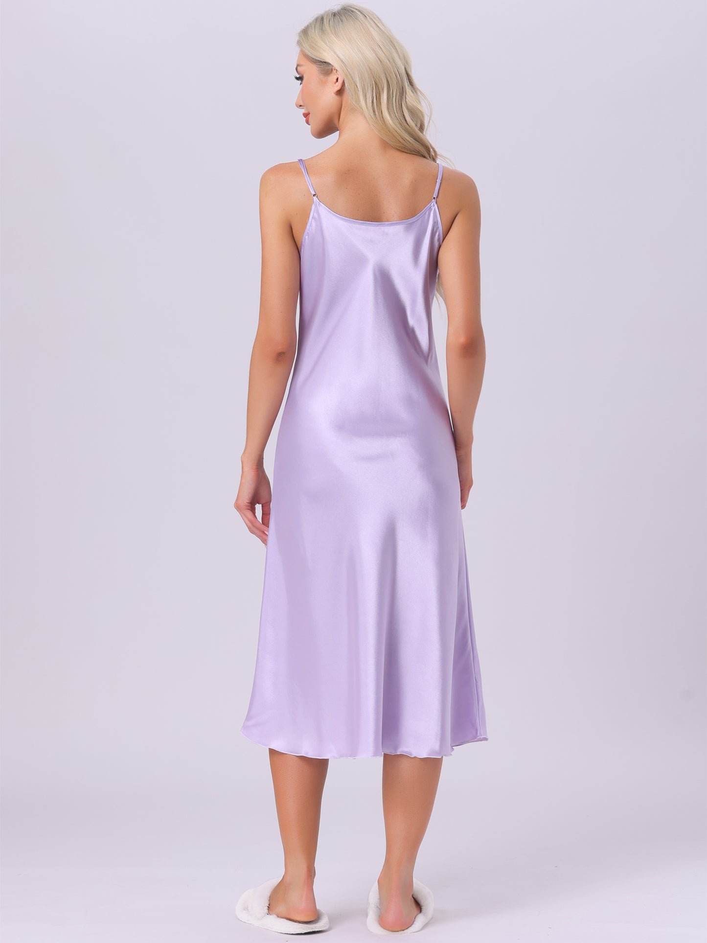 Women's Satin Pajama Dress Camisole Midi Nightdress V-Neck Sleeveless Lounge Silky Long Nightgown