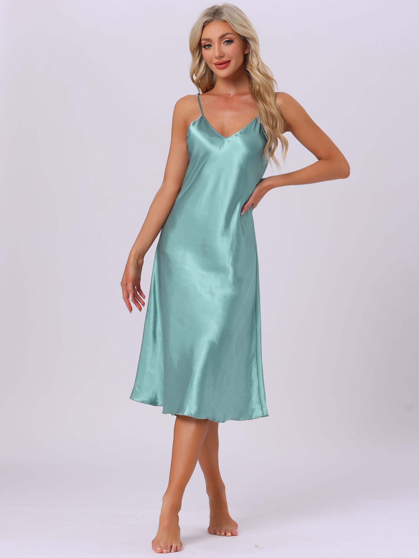 Women's Satin Pajama Dress Camisole Midi Nightdress V-Neck Sleeveless Lounge Silky Long Nightgown