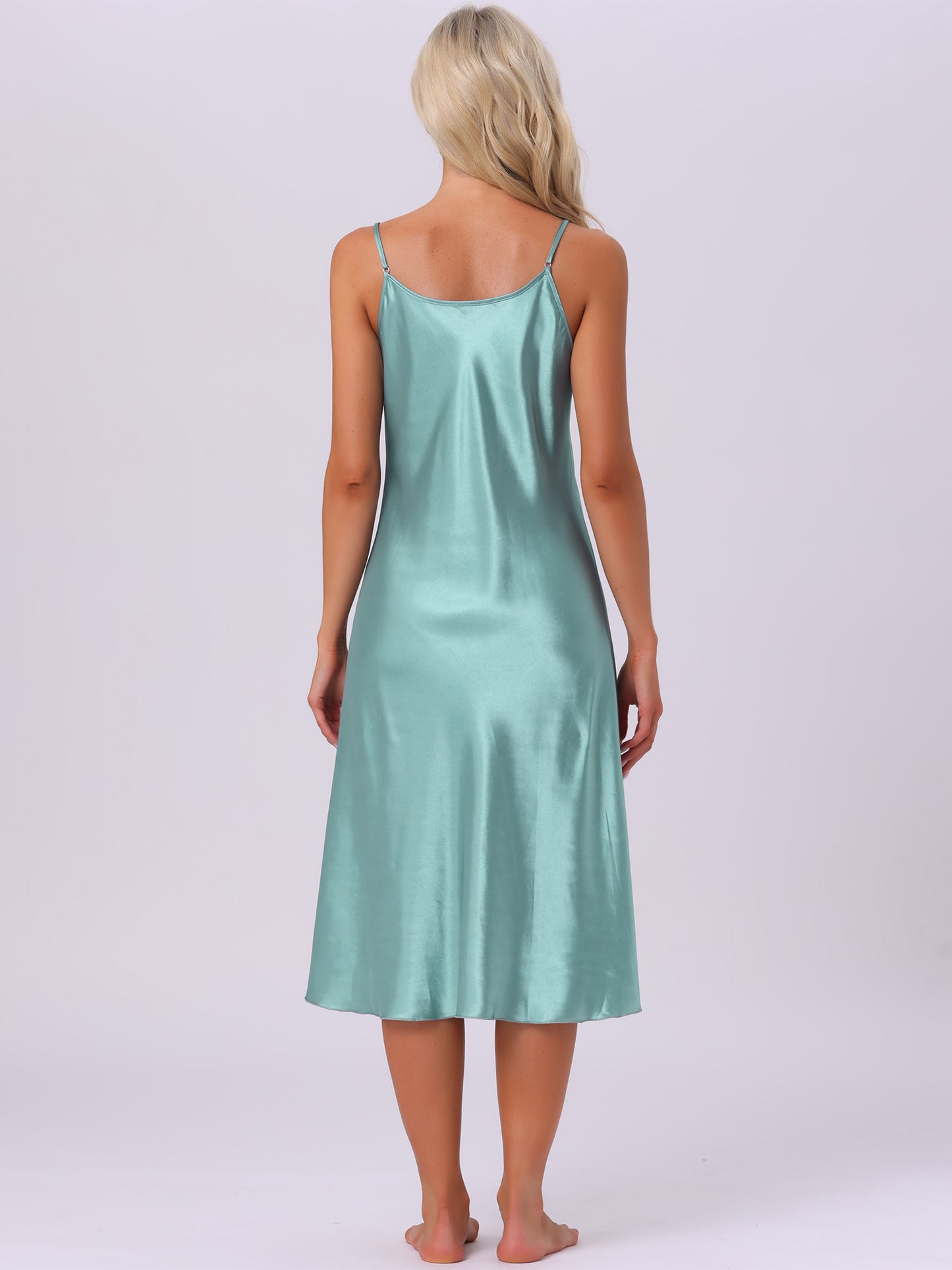Women's Satin Pajama Dress Camisole Midi Nightdress V-Neck Sleeveless Lounge Silky Long Nightgown