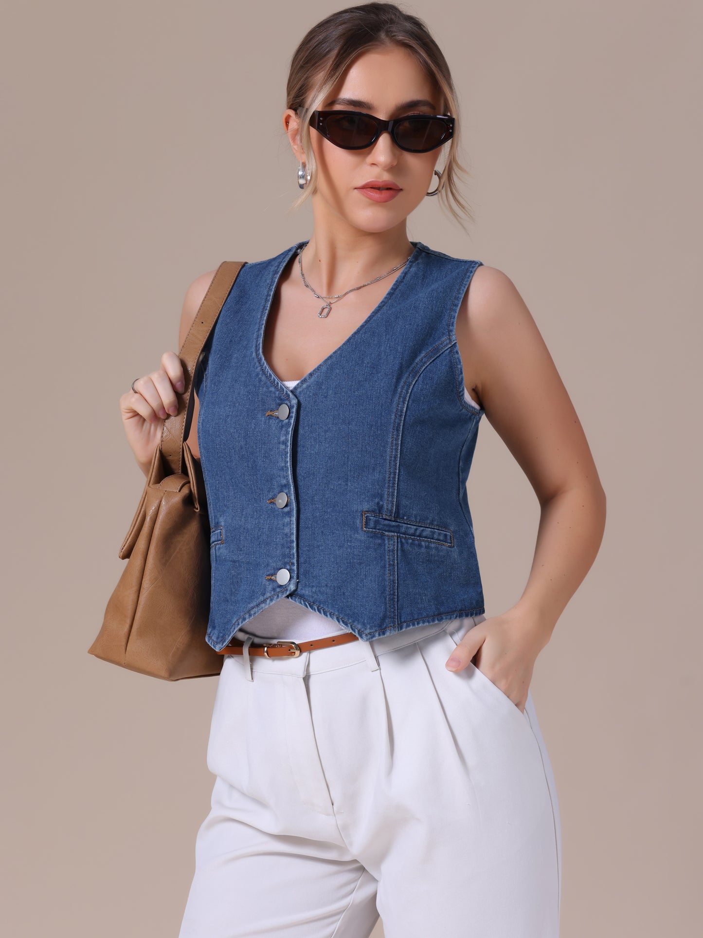Women's V Neck Button Down Sleeveless Waistcoat Denim Vest