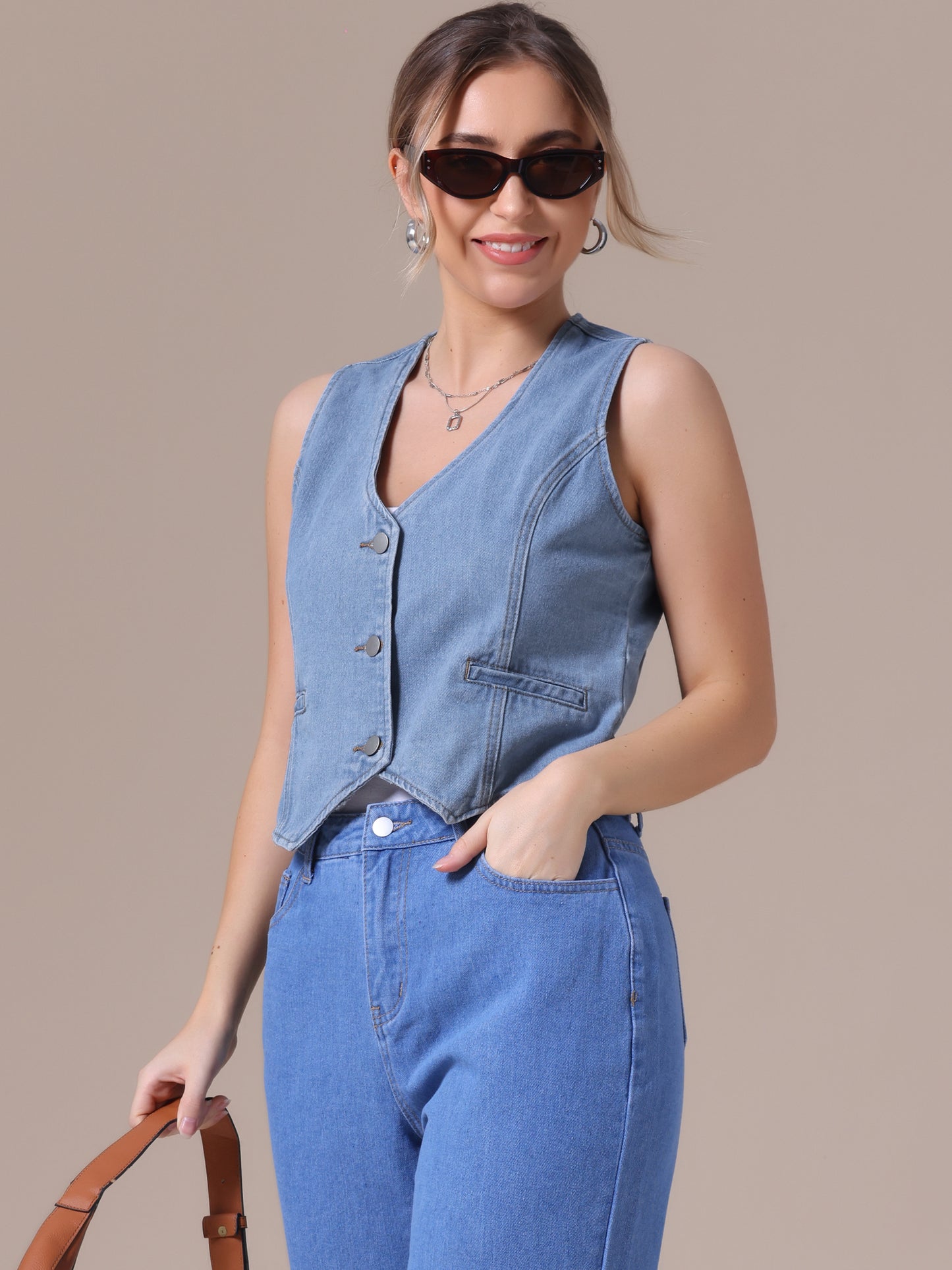 Women's V Neck Button Down Sleeveless Waistcoat Denim Vest