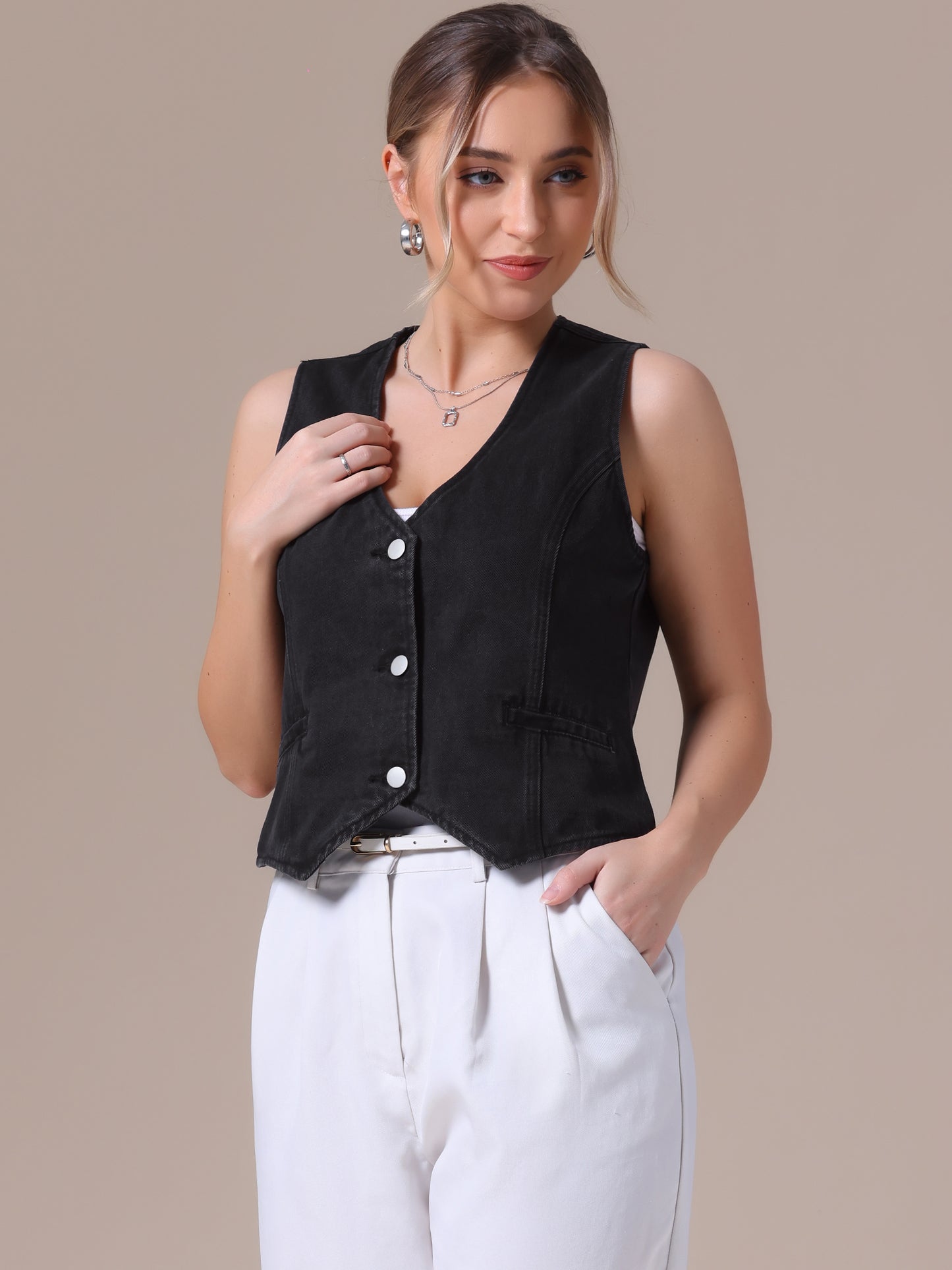 Women's V Neck Button Down Sleeveless Waistcoat Denim Vest