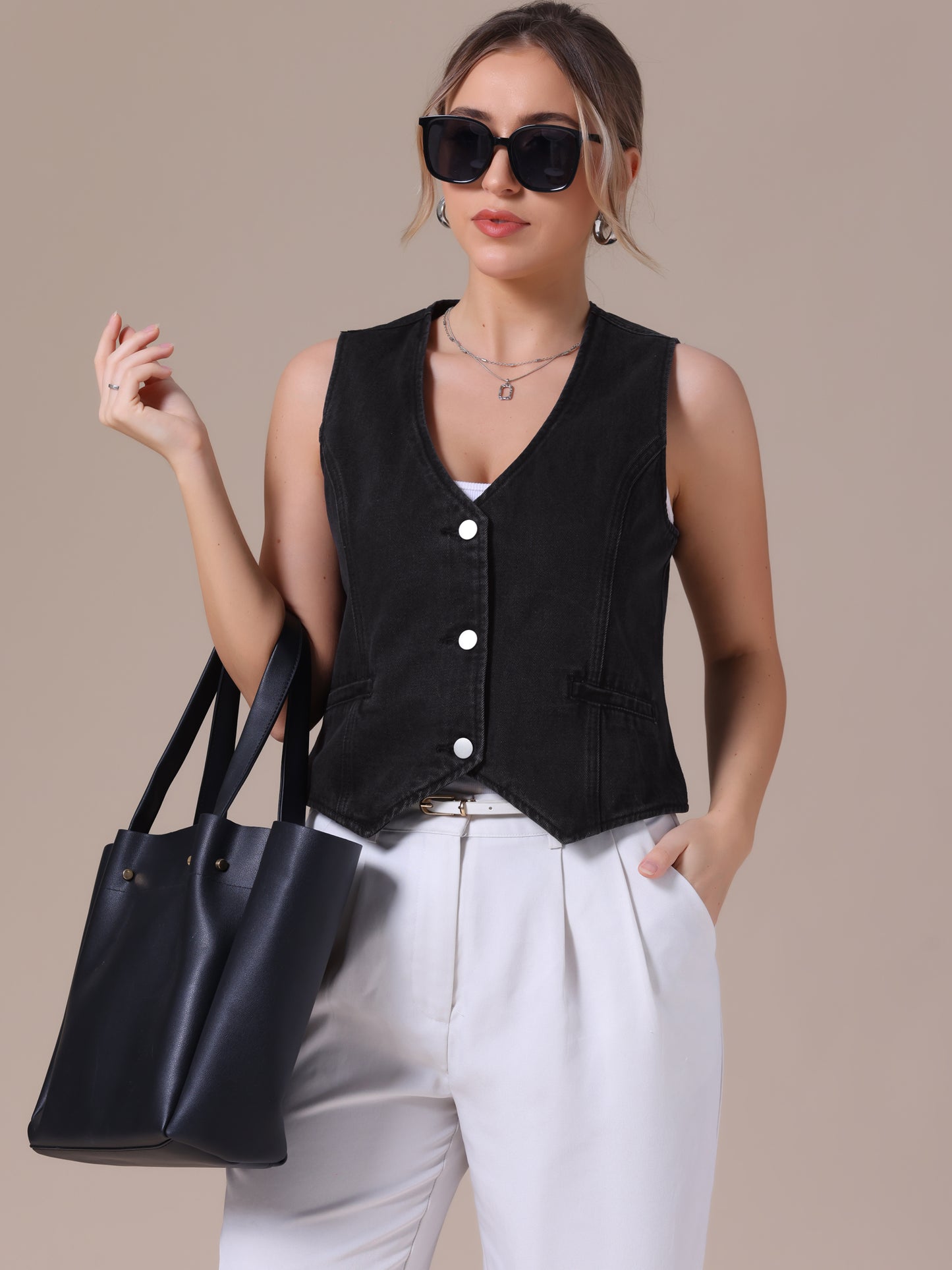 Women's V Neck Button Down Sleeveless Waistcoat Denim Vest