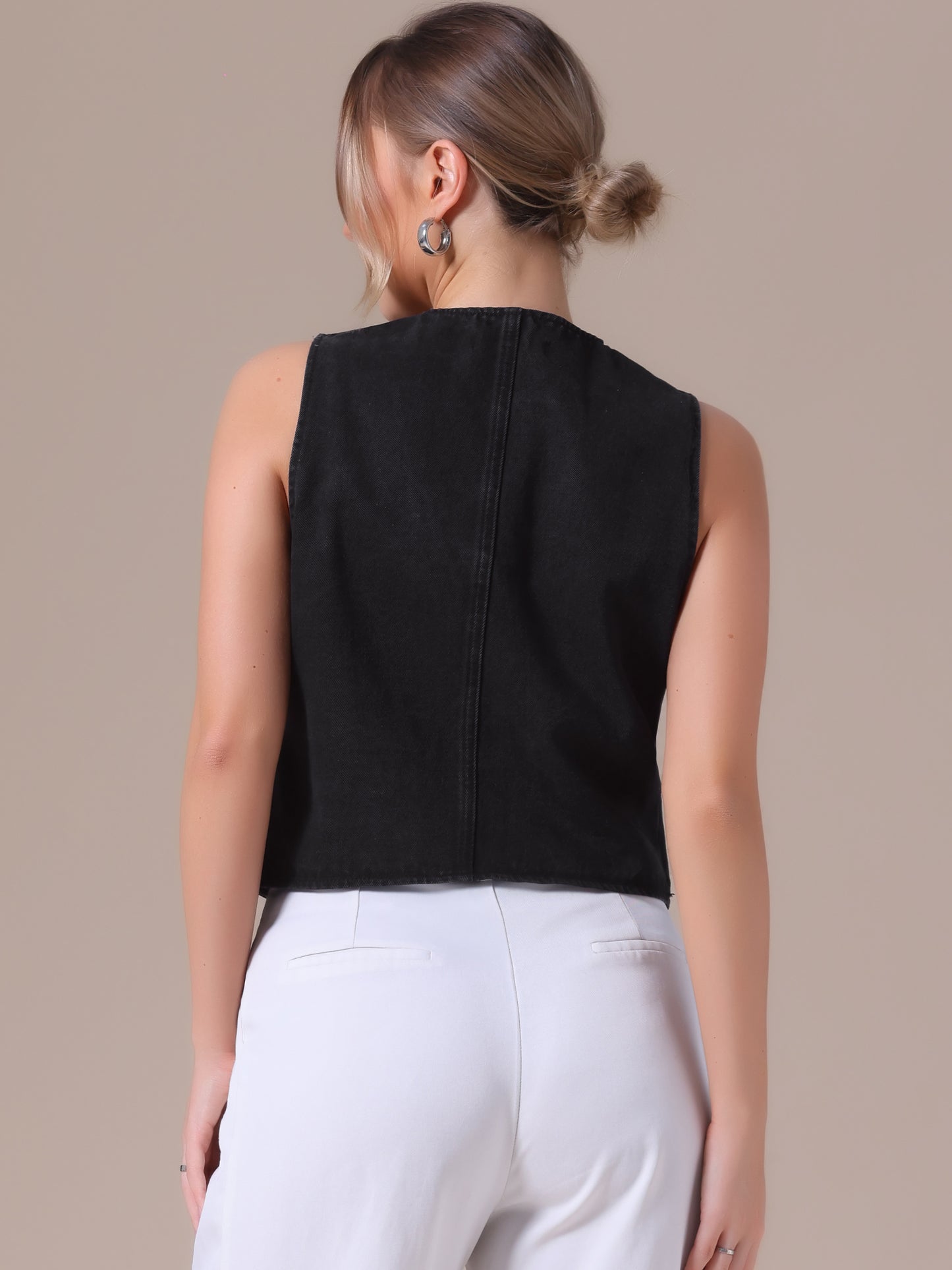 Women's V Neck Button Down Sleeveless Waistcoat Denim Vest