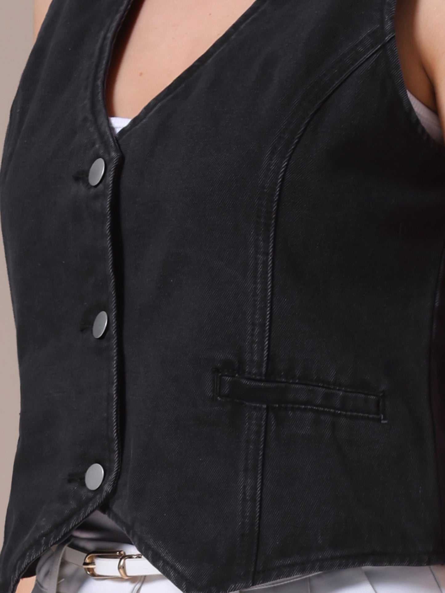 Women's V Neck Button Down Sleeveless Waistcoat Denim Vest