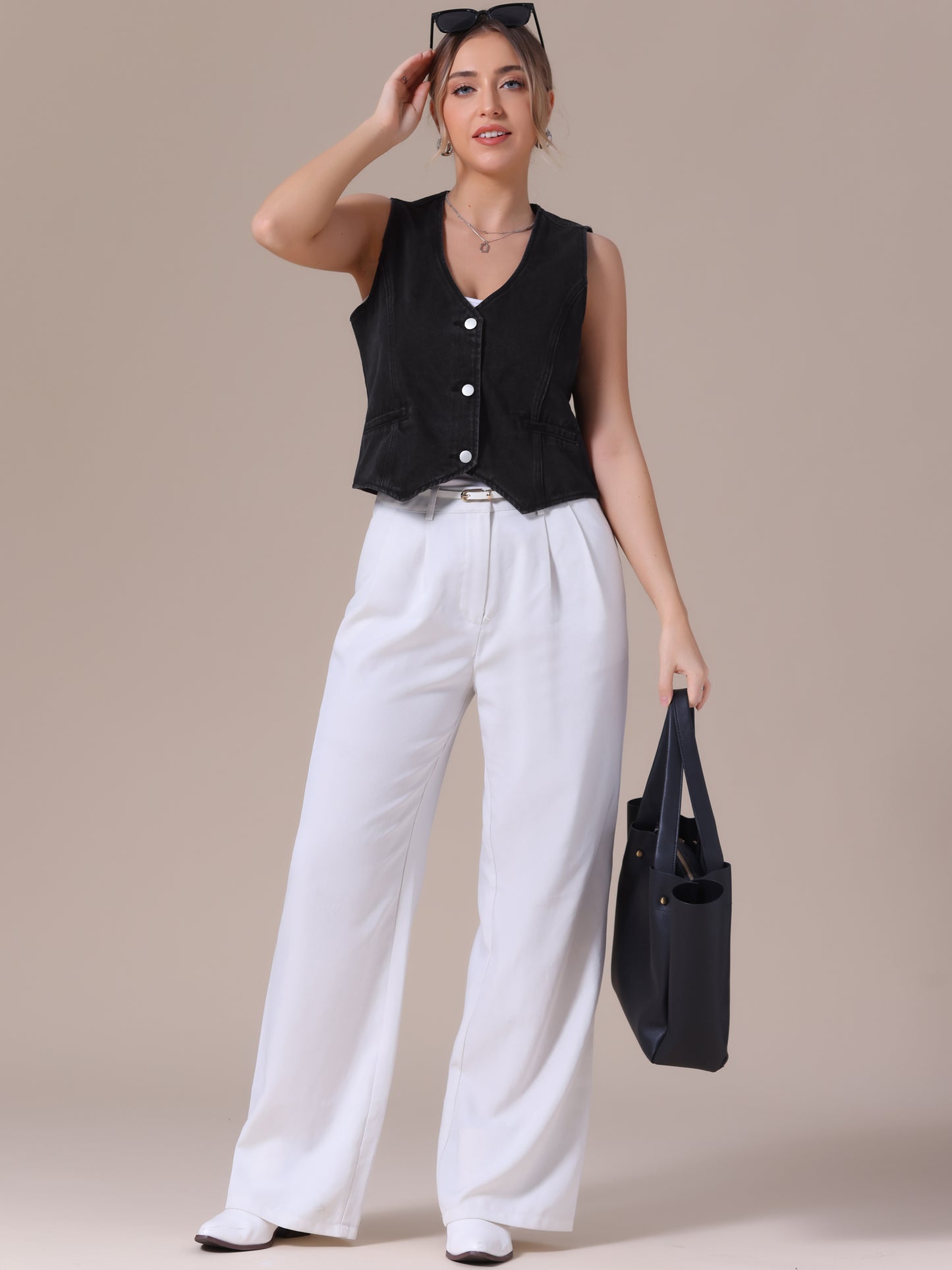 Women's V Neck Button Down Sleeveless Waistcoat Denim Vest