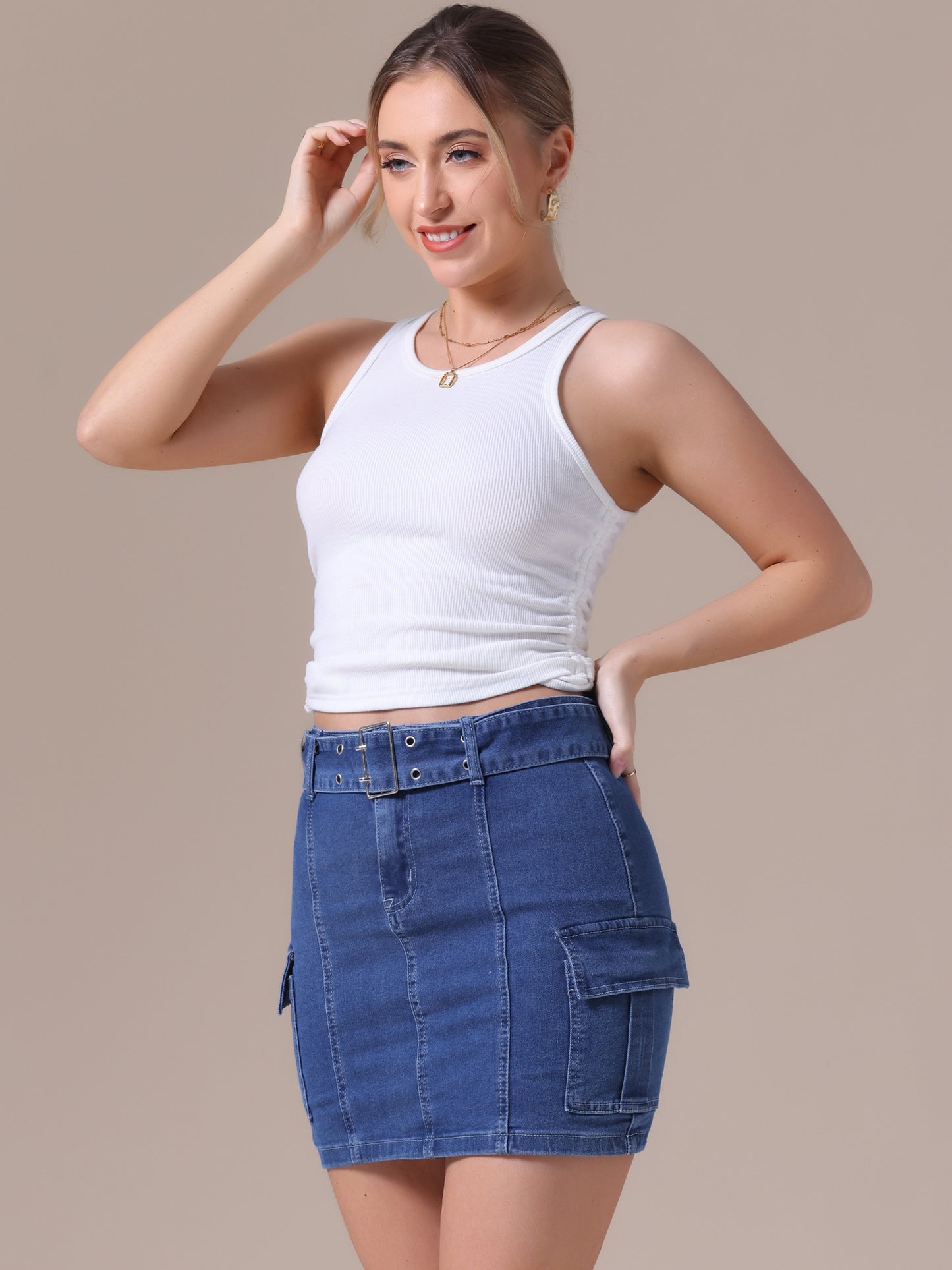 Women's Summer Denim High Waisted Stretchy Bodycon Mini Cargo Jean Skirt