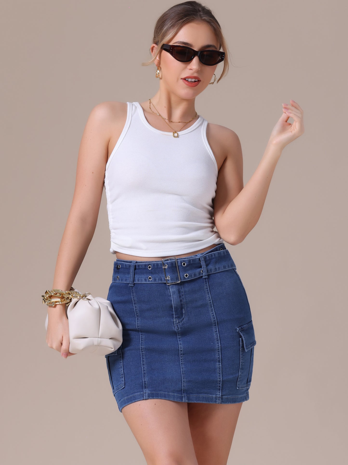 Women's Summer Denim High Waisted Stretchy Bodycon Mini Cargo Jean Skirt